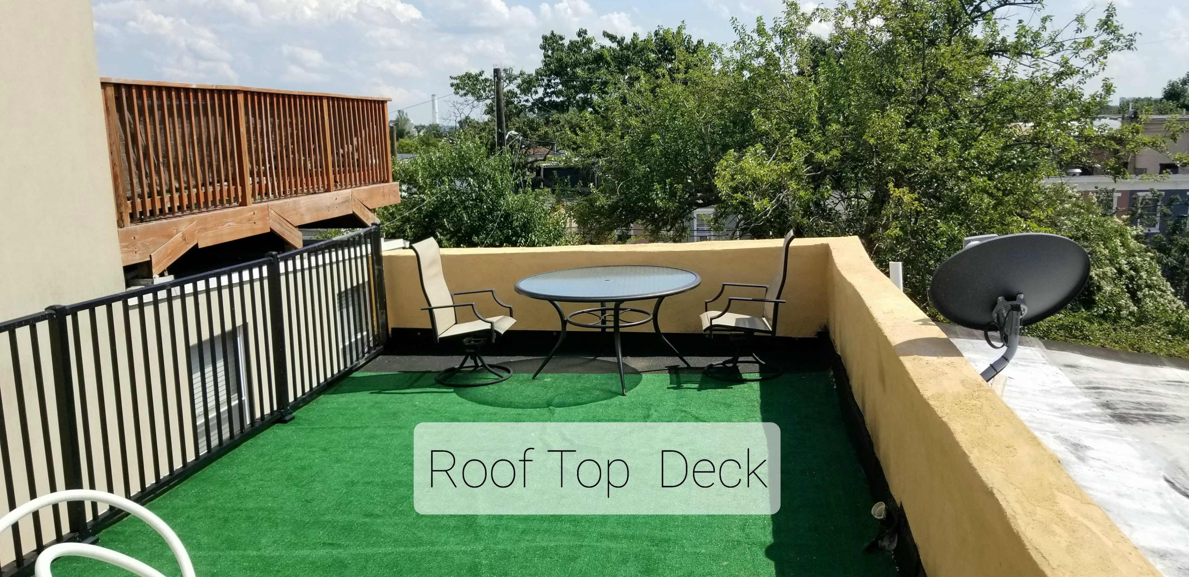A rooftop deck featuring a circular table and two chairs on a green carpet, with a satellite dish visible in the corner.