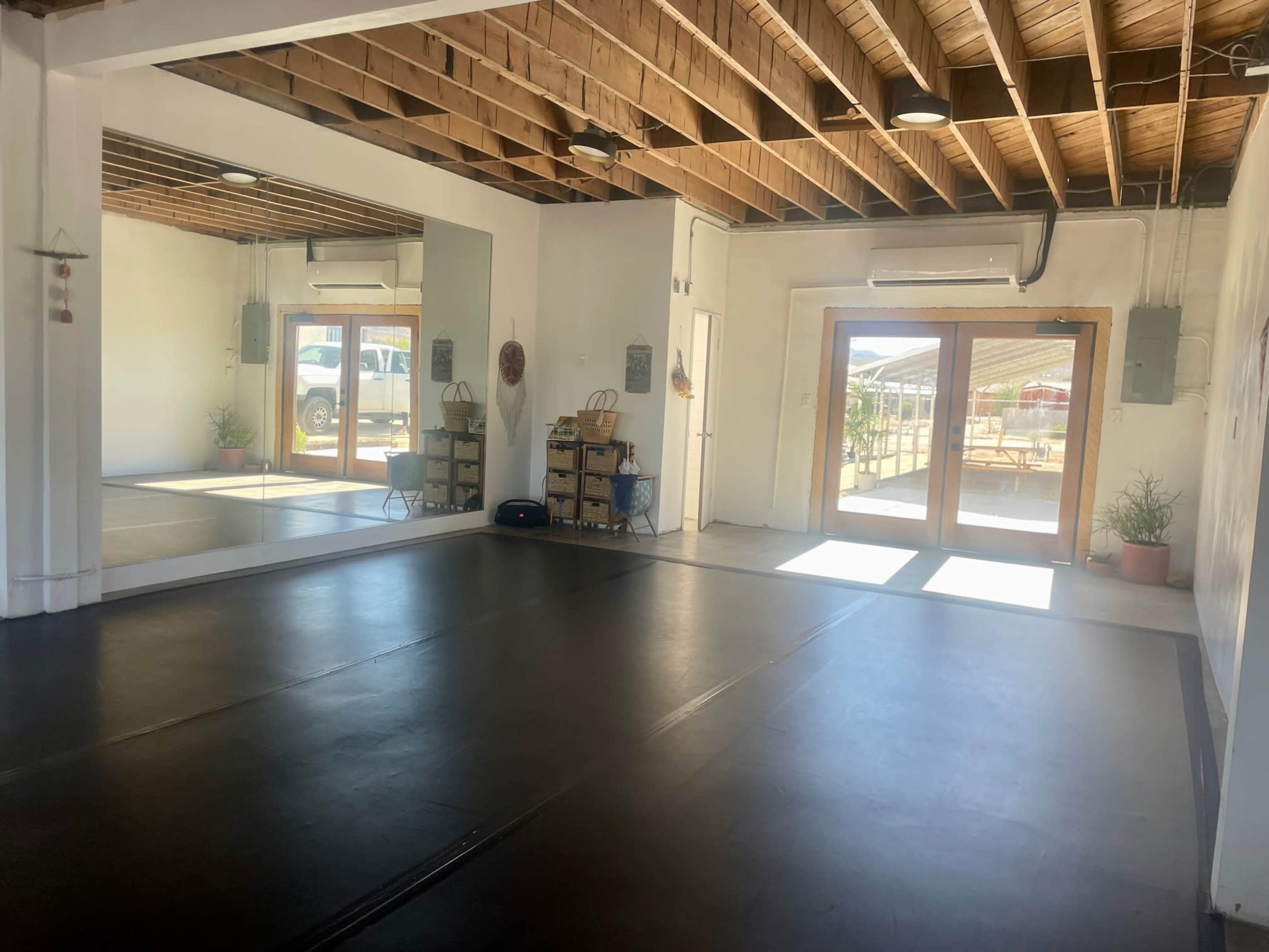 The image shows an empty studio space with a black floor, large mirrors on one wall, and double doors leading to an outdoor area.