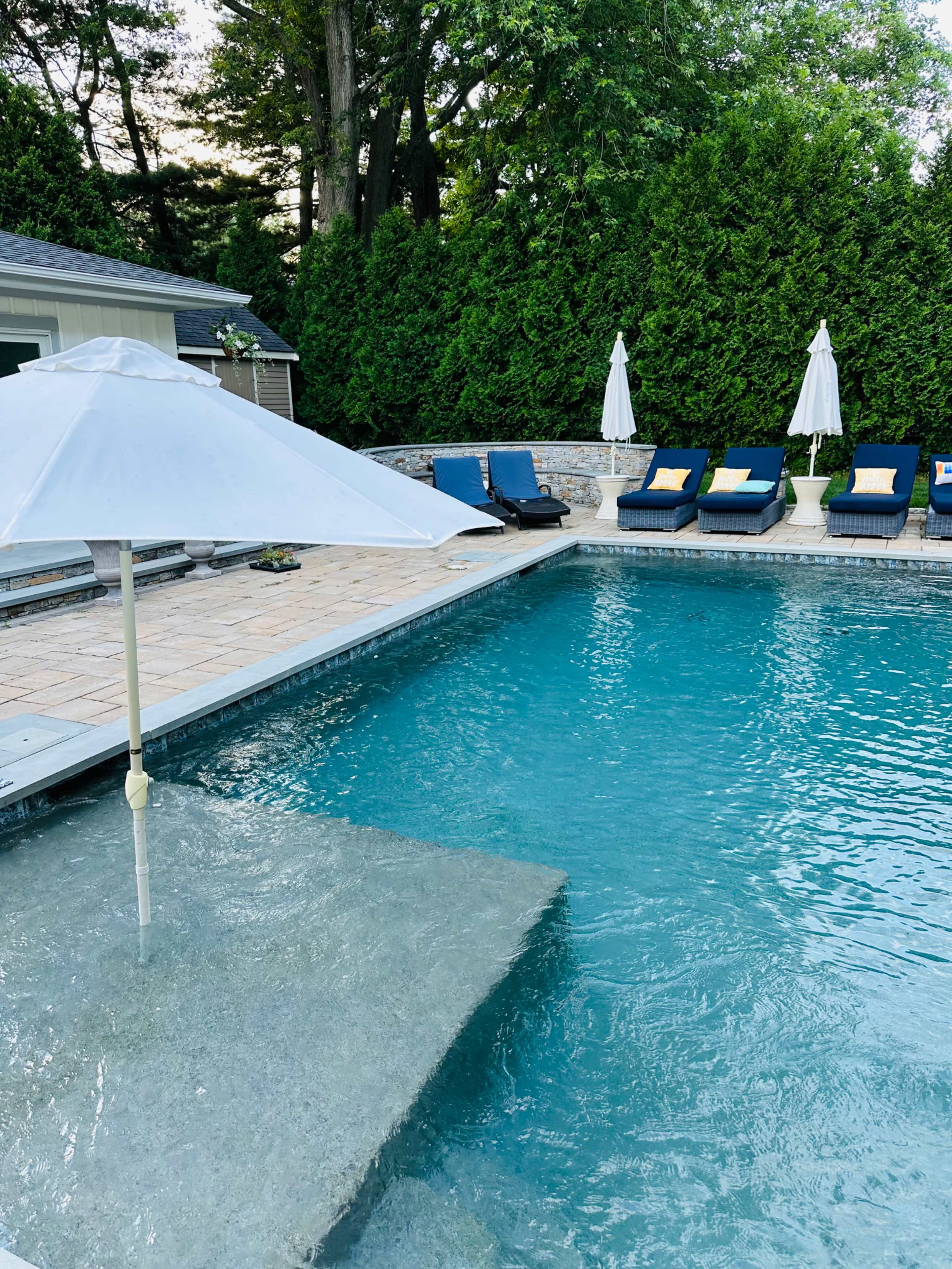 A swimming pool features a shallow ledge, surrounded by lounge chairs and an umbrella, with lush greenery in the background.