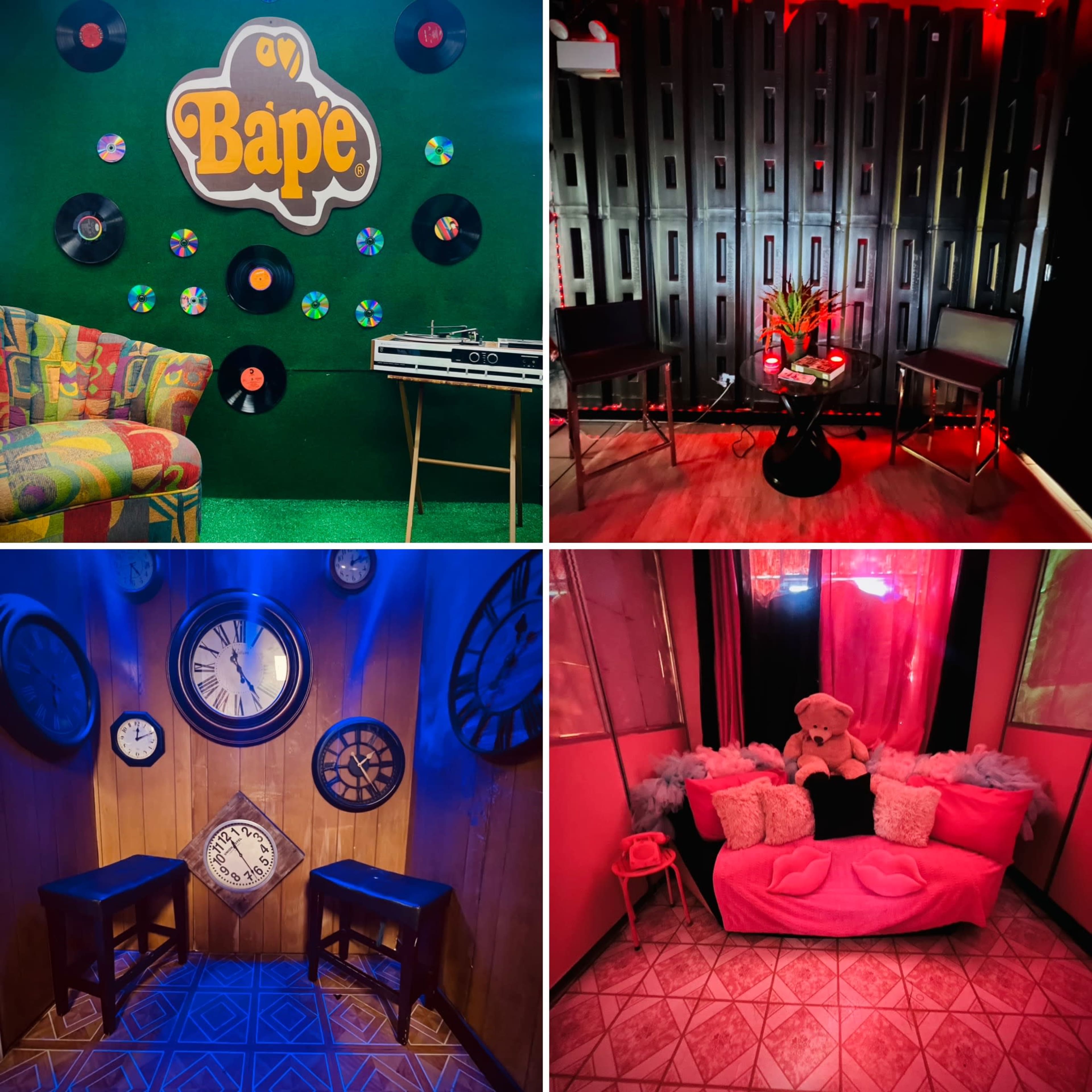 The image features a cozy, retro-themed space with colorful decor, including a wall adorned with vinyl records, multiple seating areas, and varying lighting in shades of red and blue.