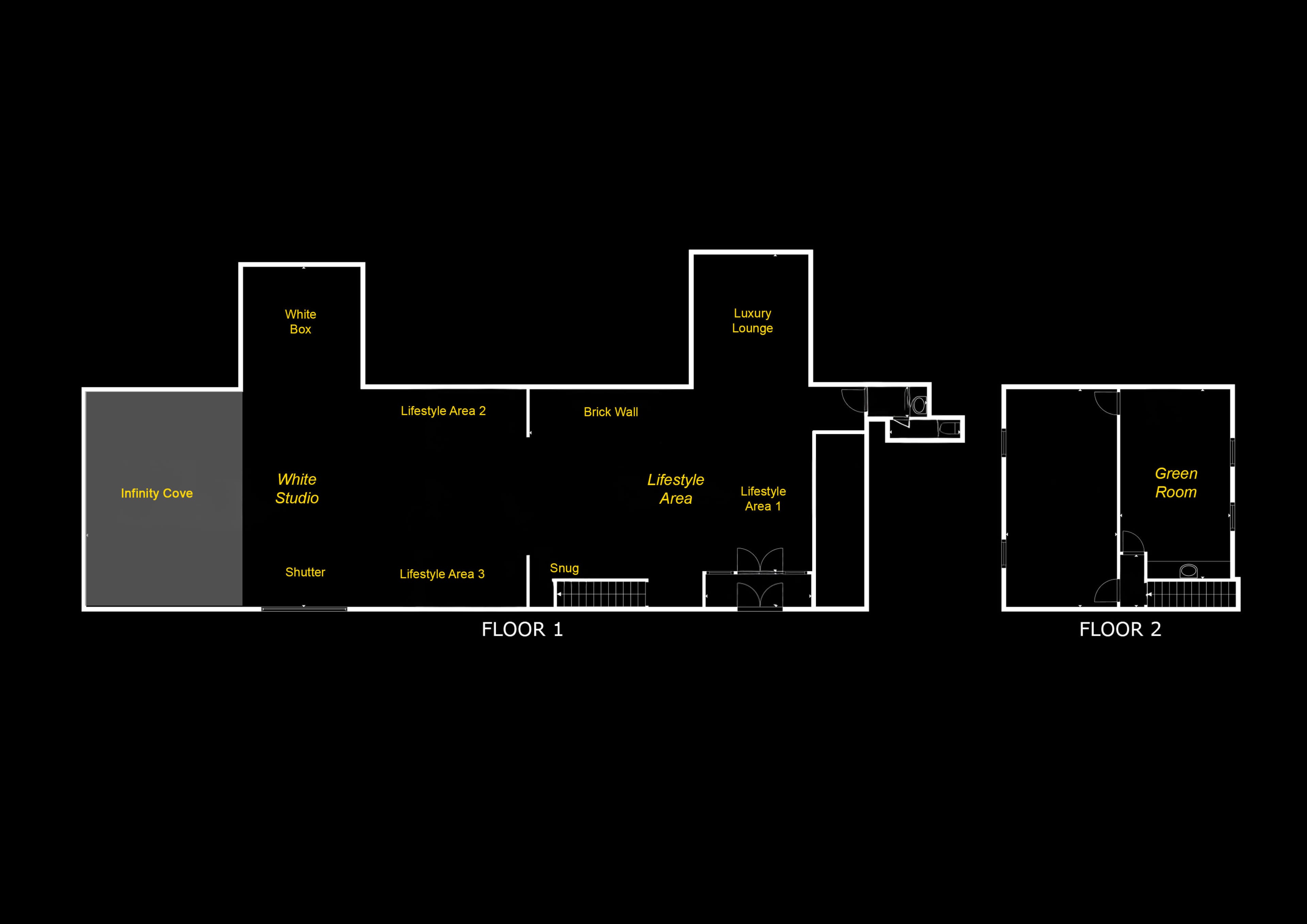 The image shows a black and white floor plan of a two-story building, labeled with various rooms and areas including a White Studio, Luxury Lounge, and Green Room.