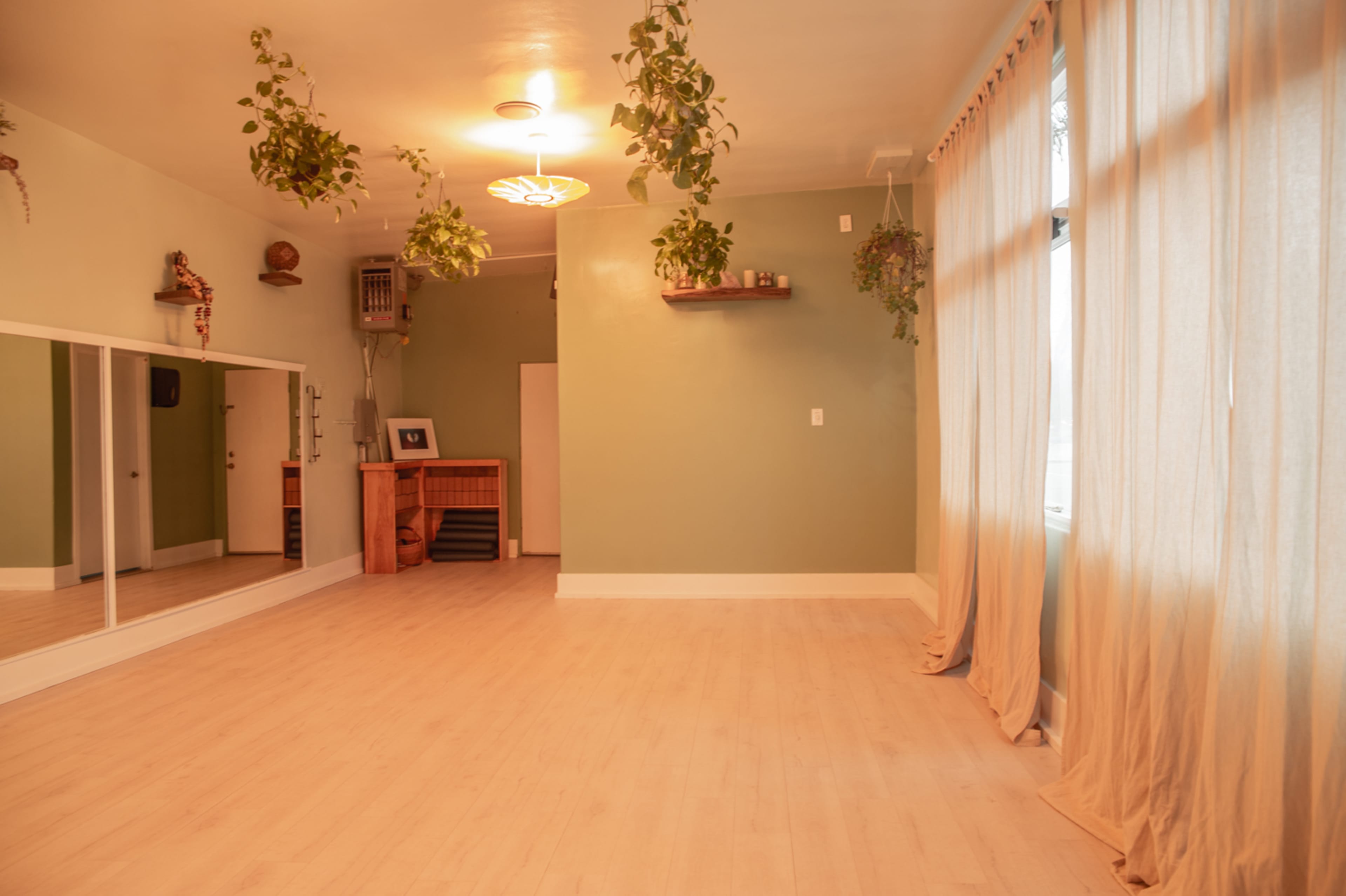 The image shows a light-filled room with a wooden floor, a large mirror along one wall, a plant hanging from the ceiling, and a shelf with decor mounted on the opposite wall.