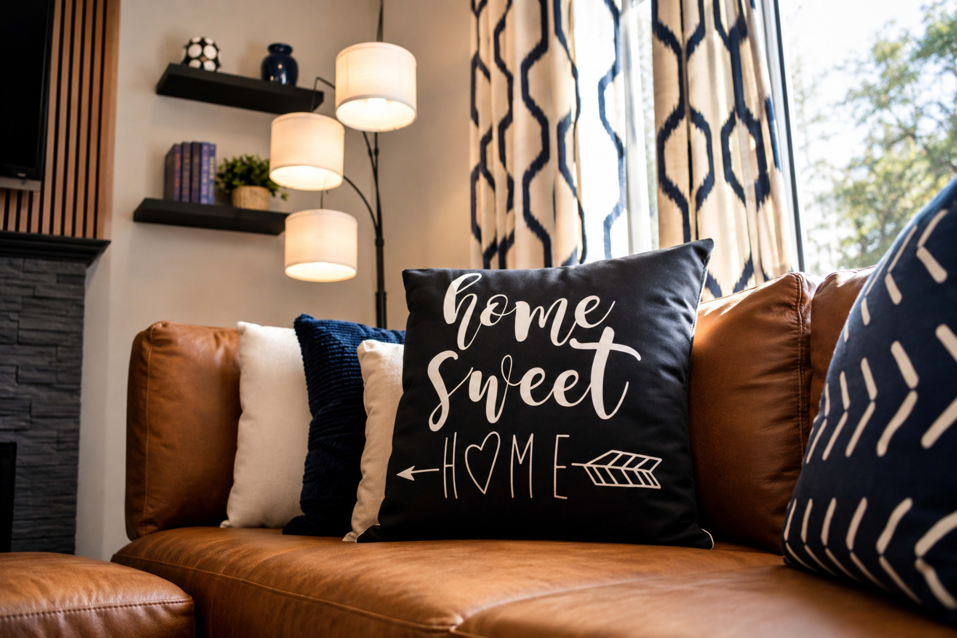 A couch with decorative pillows, including one that reads "home sweet home," is positioned beside a window with patterned curtains and modern light fixtures.