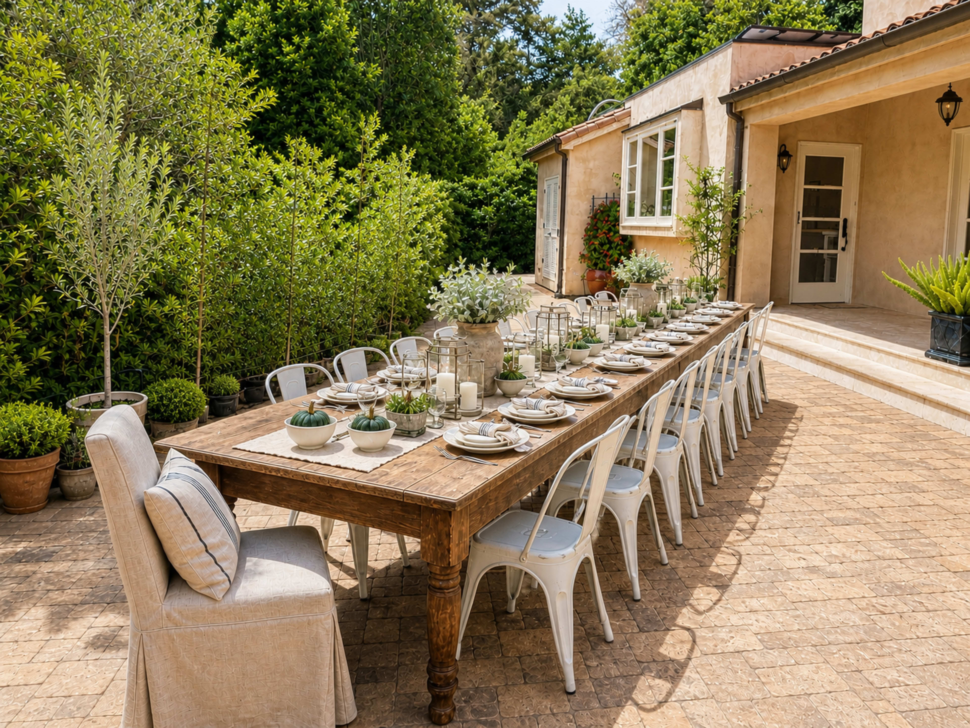 A long outdoor dining table is set for a meal, surrounded by greenery and placed on a stone patio next to a house.