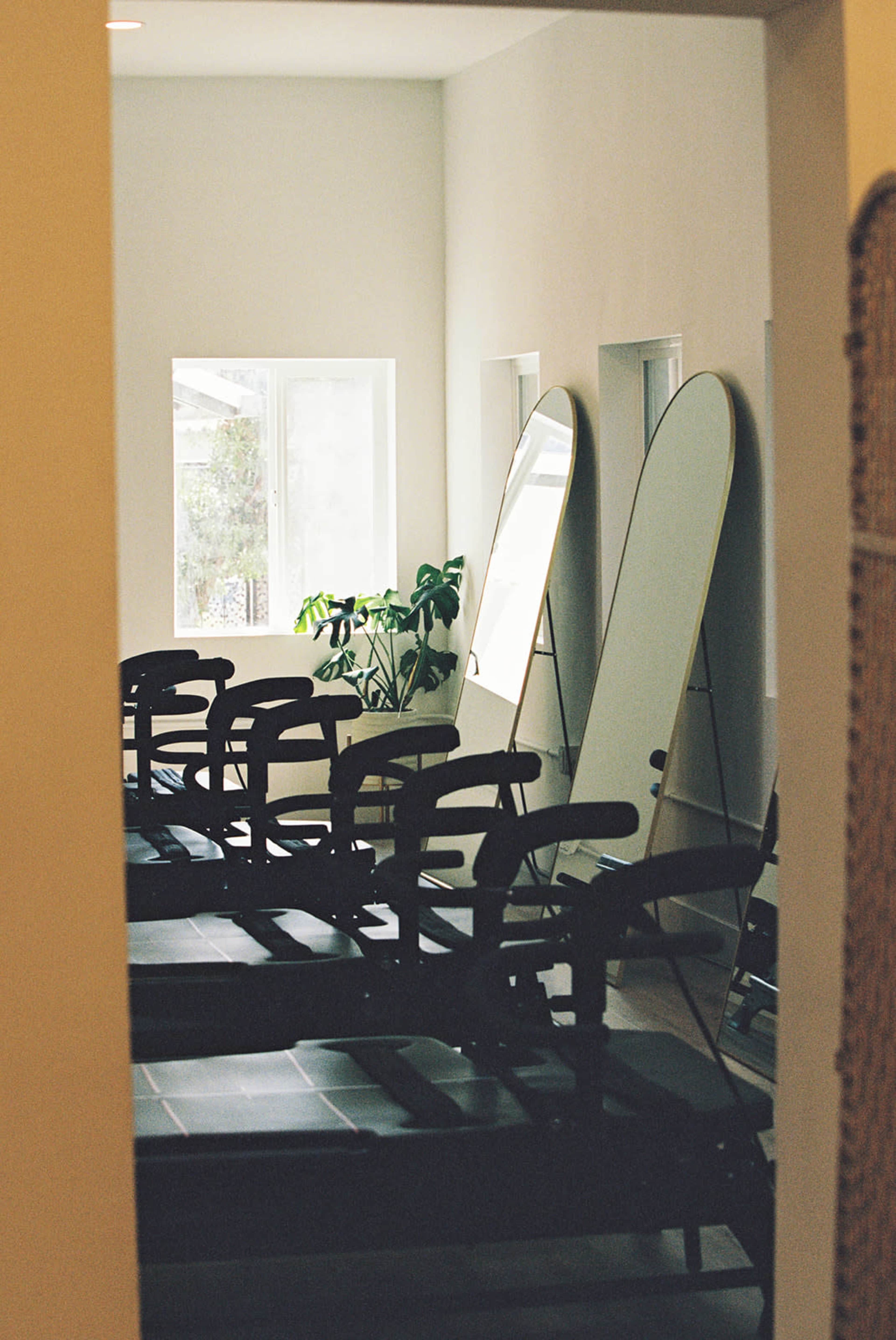 A minimalist studio features rows of pilates reformer machines, with mirrors and a potted plant visible in the background.