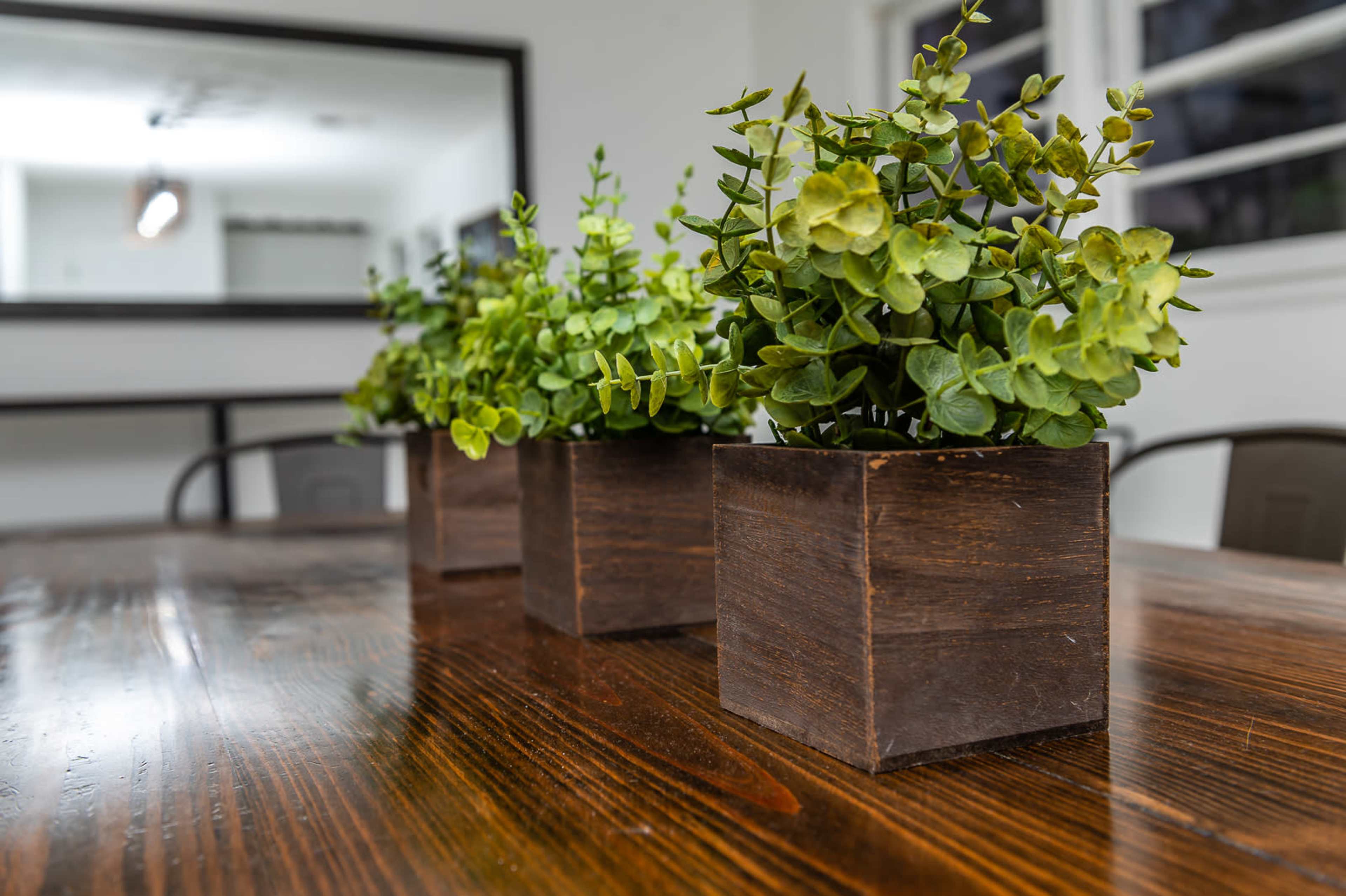 Three potted artificial plants are positioned on a wooden table, set against a backdrop of a bright room with a mirror and chairs visible.