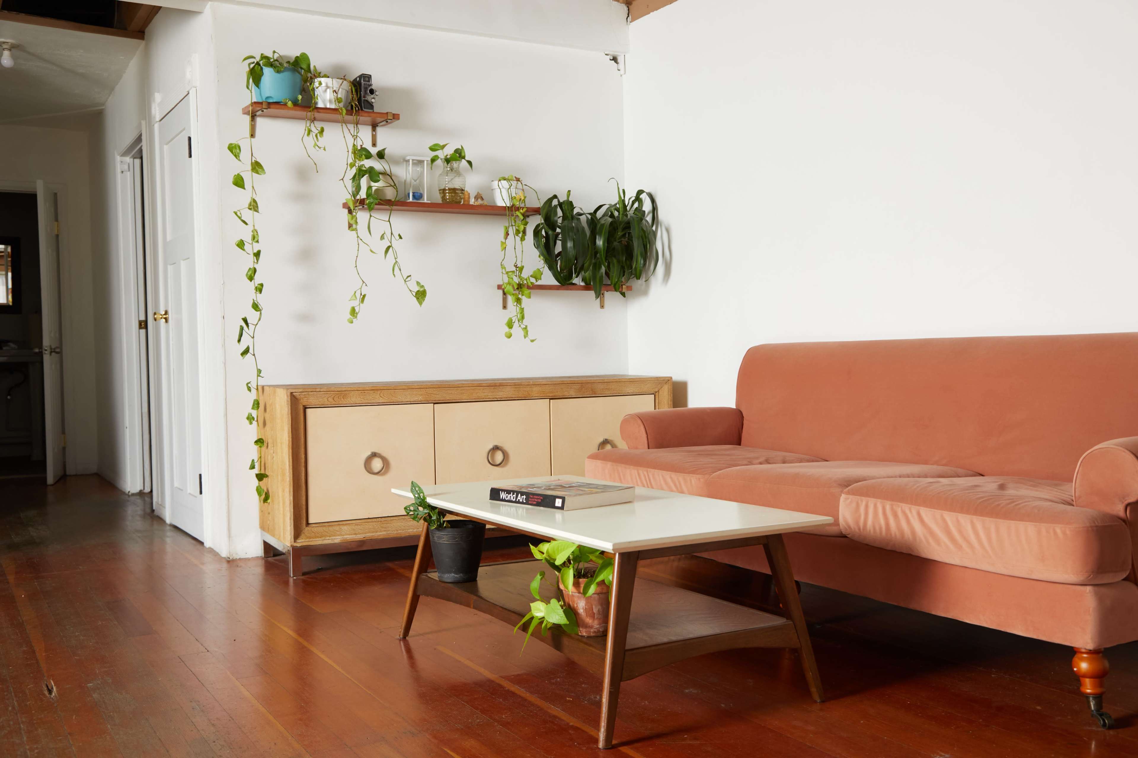 The image shows a living room featuring a vintage-style couch, a wooden coffee table, and wall-mounted shelves with plants, against a backdrop of white walls and hardwood flooring.