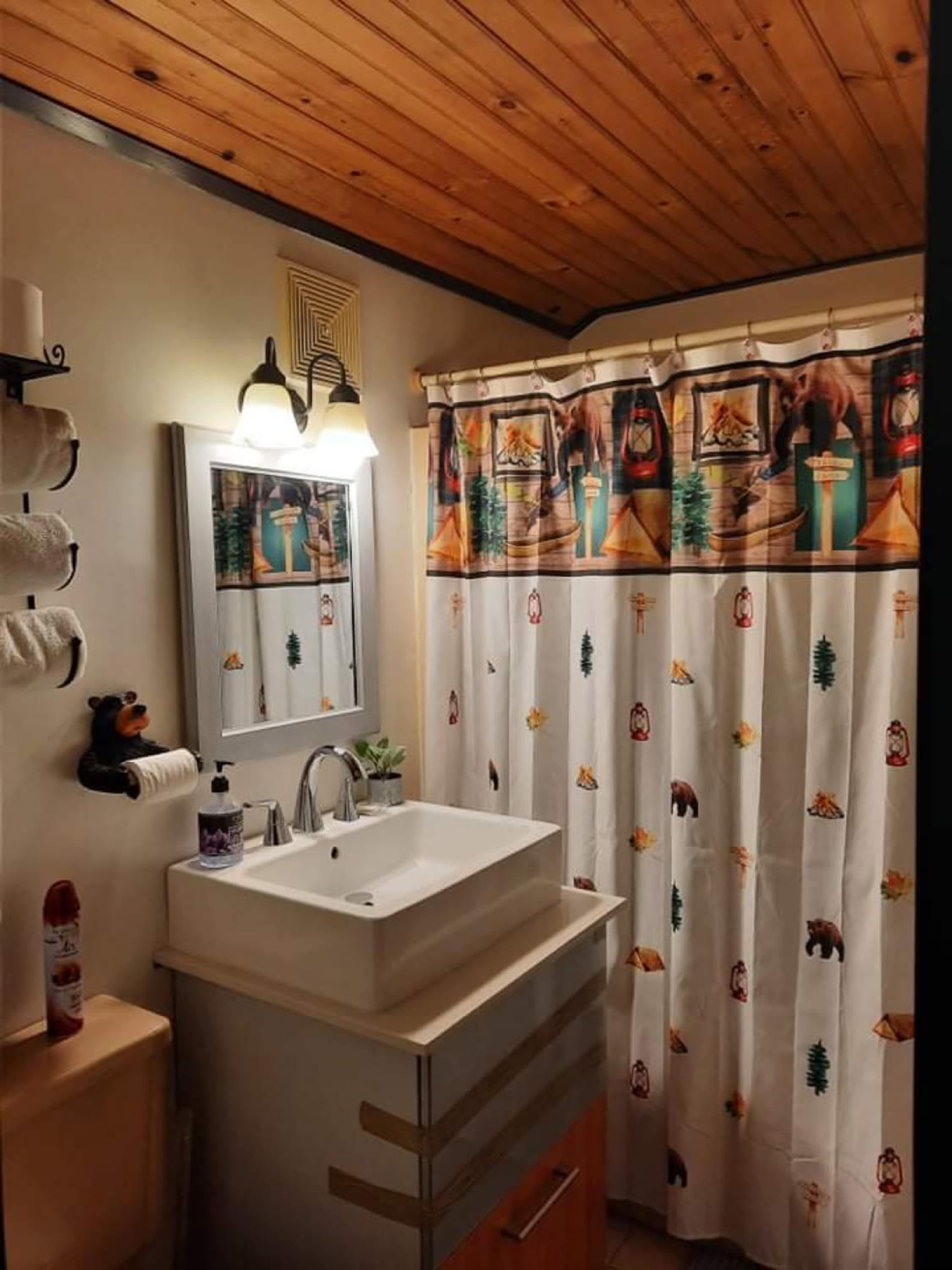 The bathroom features a wooden ceiling, a modern sink with a sleek design, and a shower curtain adorned with a wildlife and camping theme.