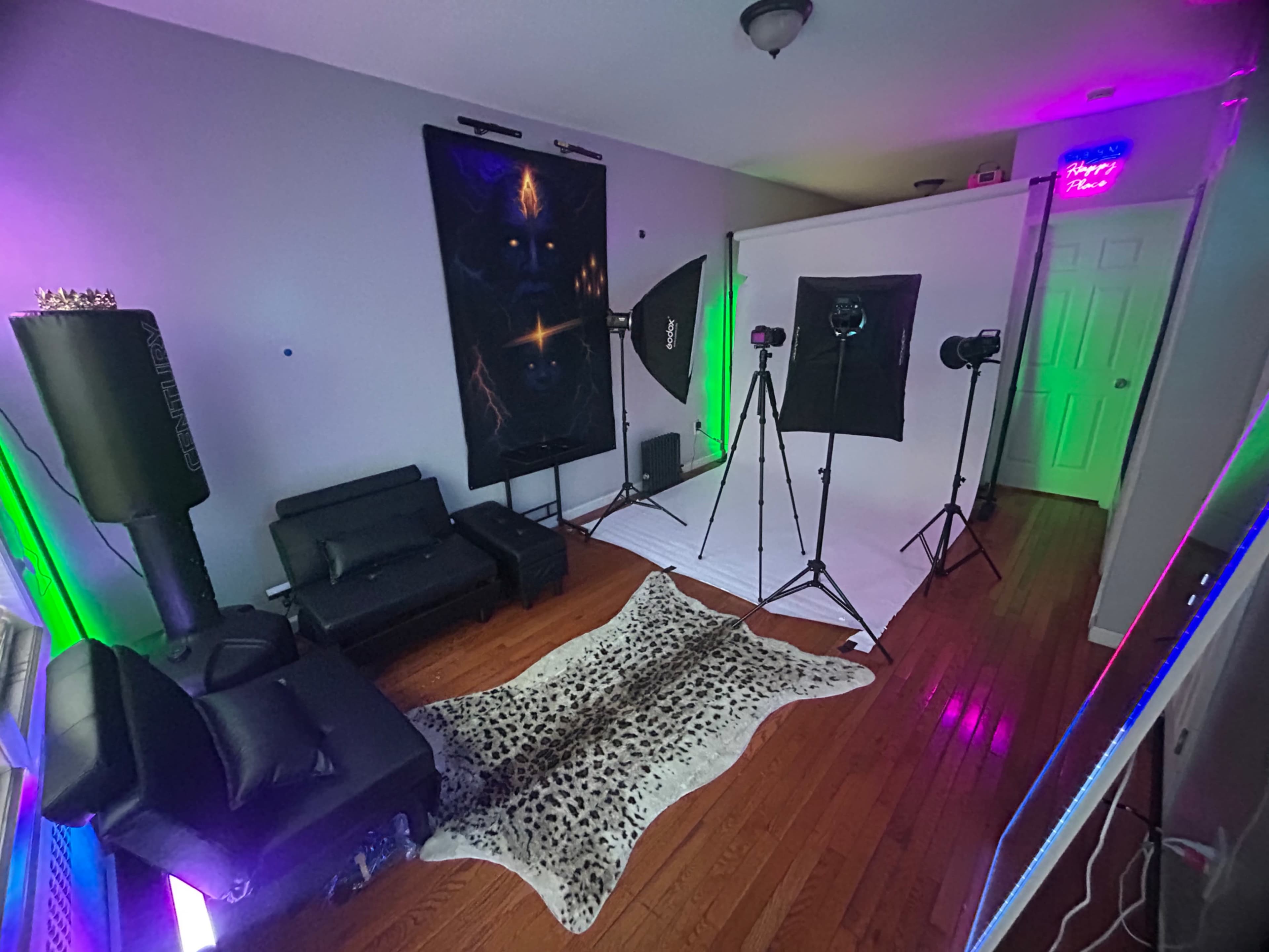 The image shows a photography studio featuring a black couch, a patterned rug, and lighting equipment set up with a backdrop and stands.