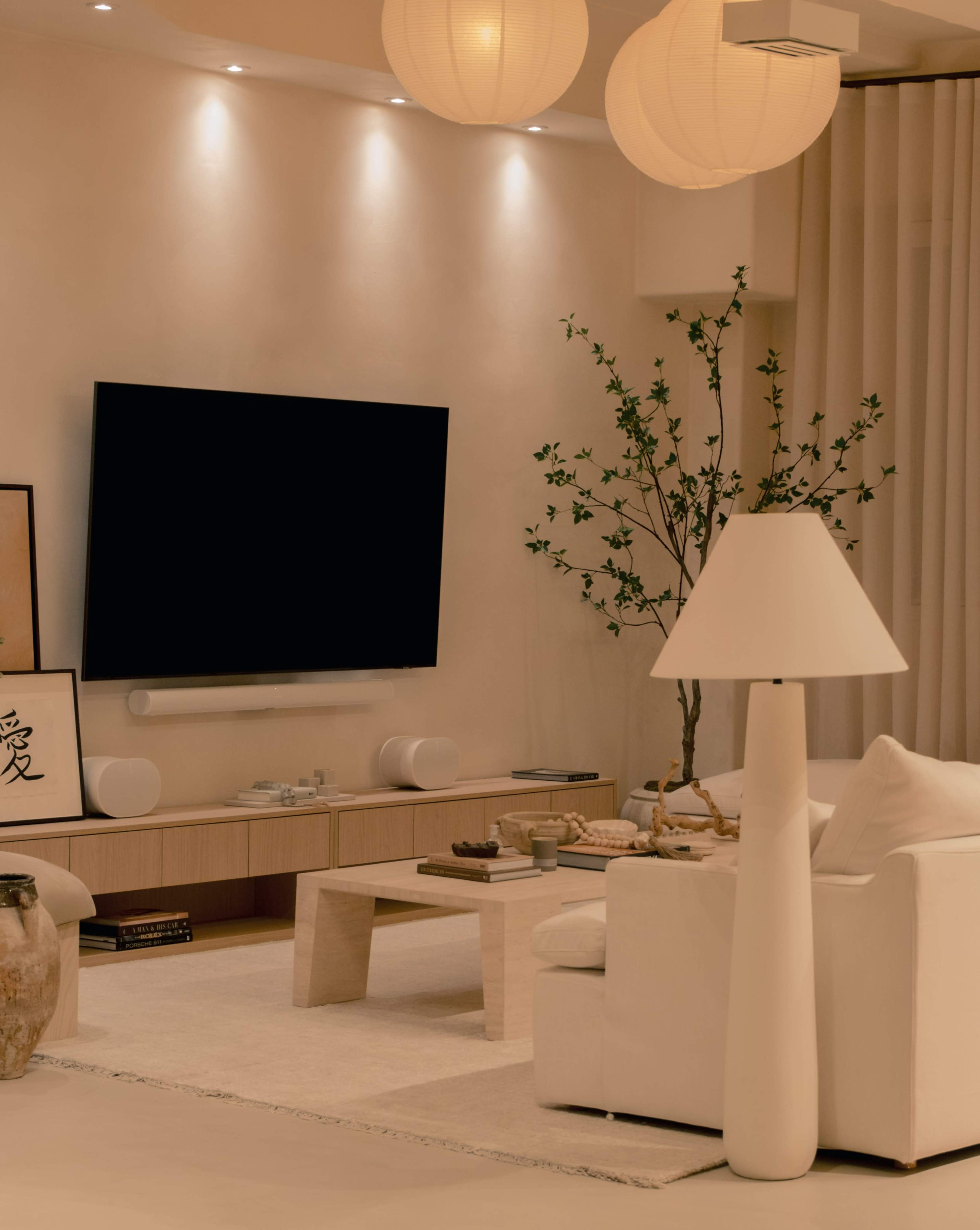 A modern living room features a large flat-screen TV mounted on a light-colored wall, a white sofa, a lamp, and decorative elements including a rug and a potted tree.