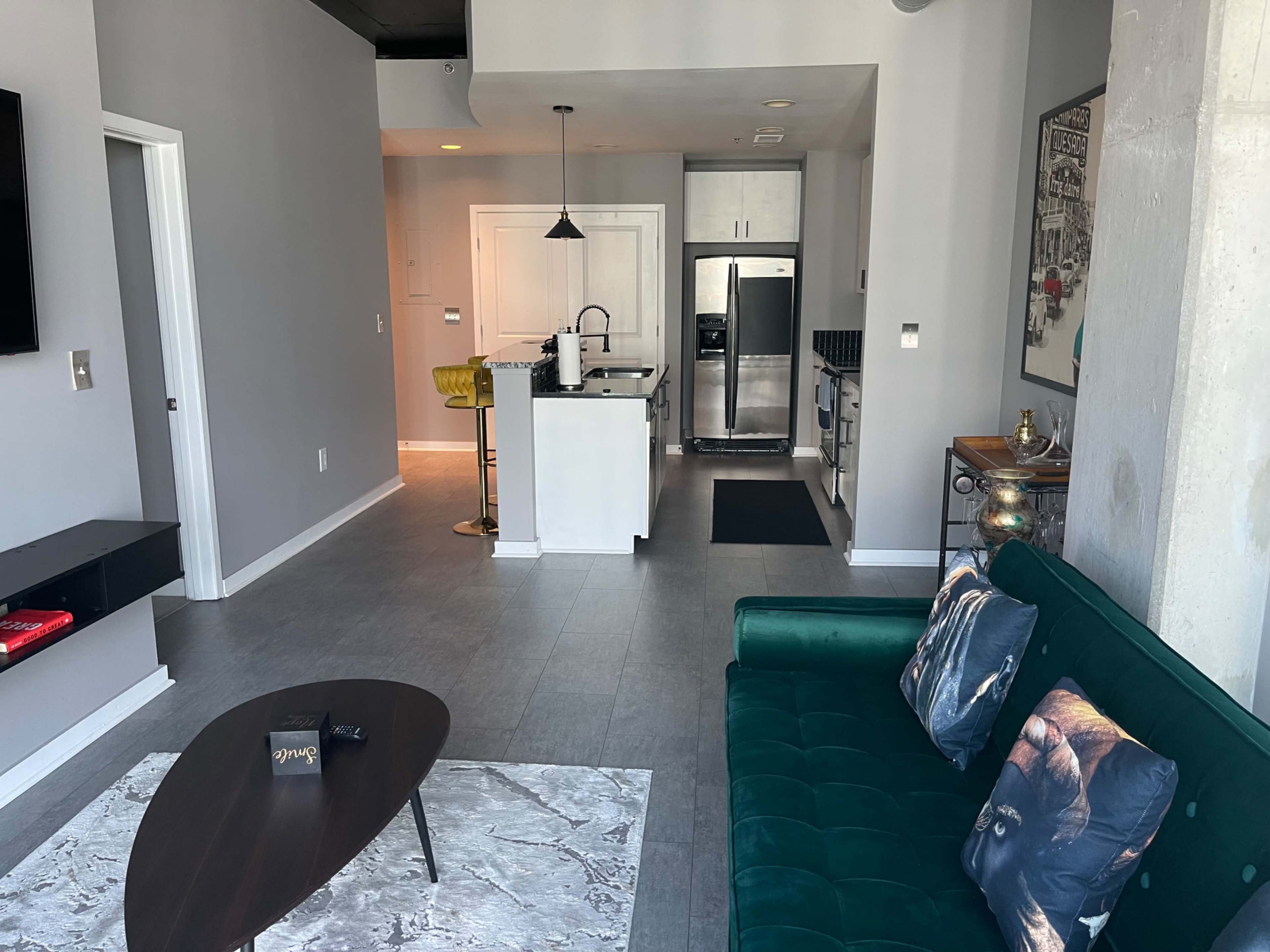The image shows a modern living space featuring a green sofa, a coffee table, and a kitchen area with stainless steel appliances.