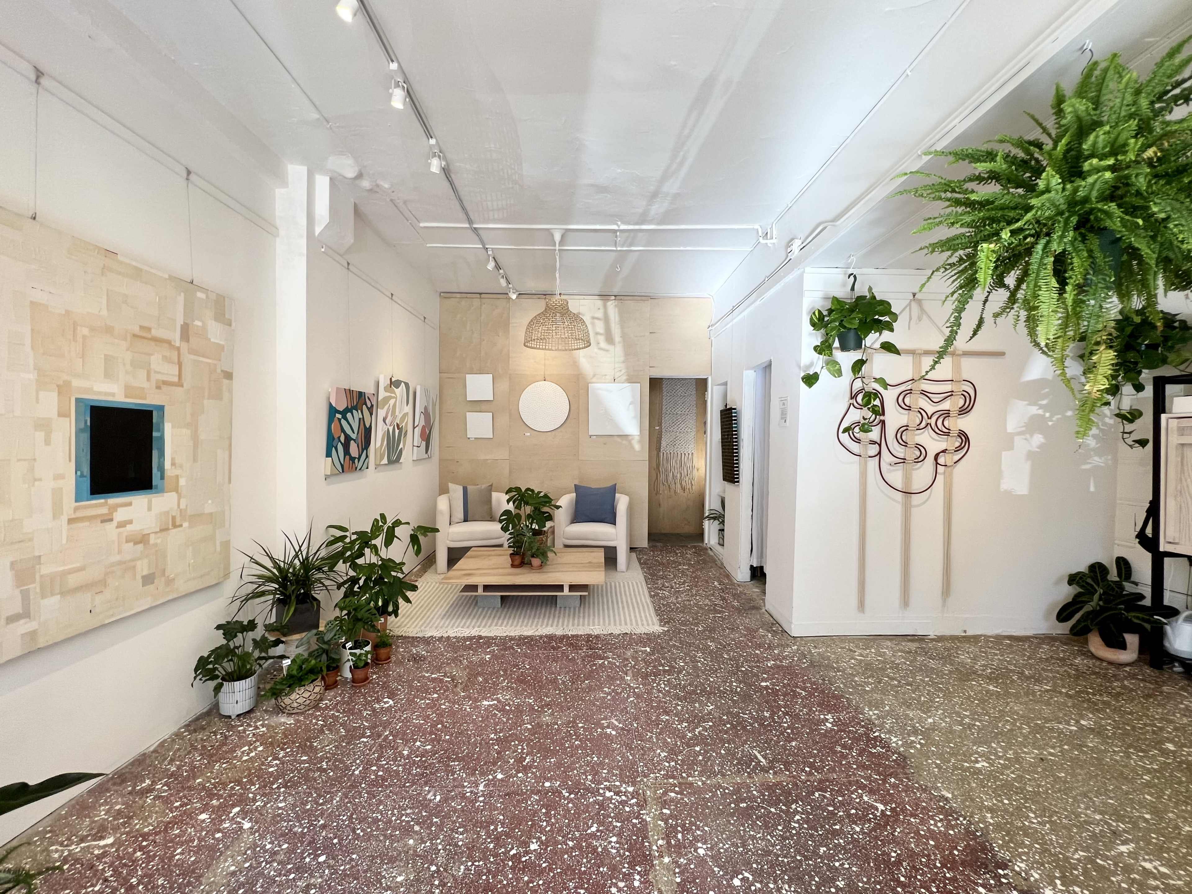 A spacious art gallery or studio with a mix of plants, wall art, and modern furniture arranged in a well-lit setting.