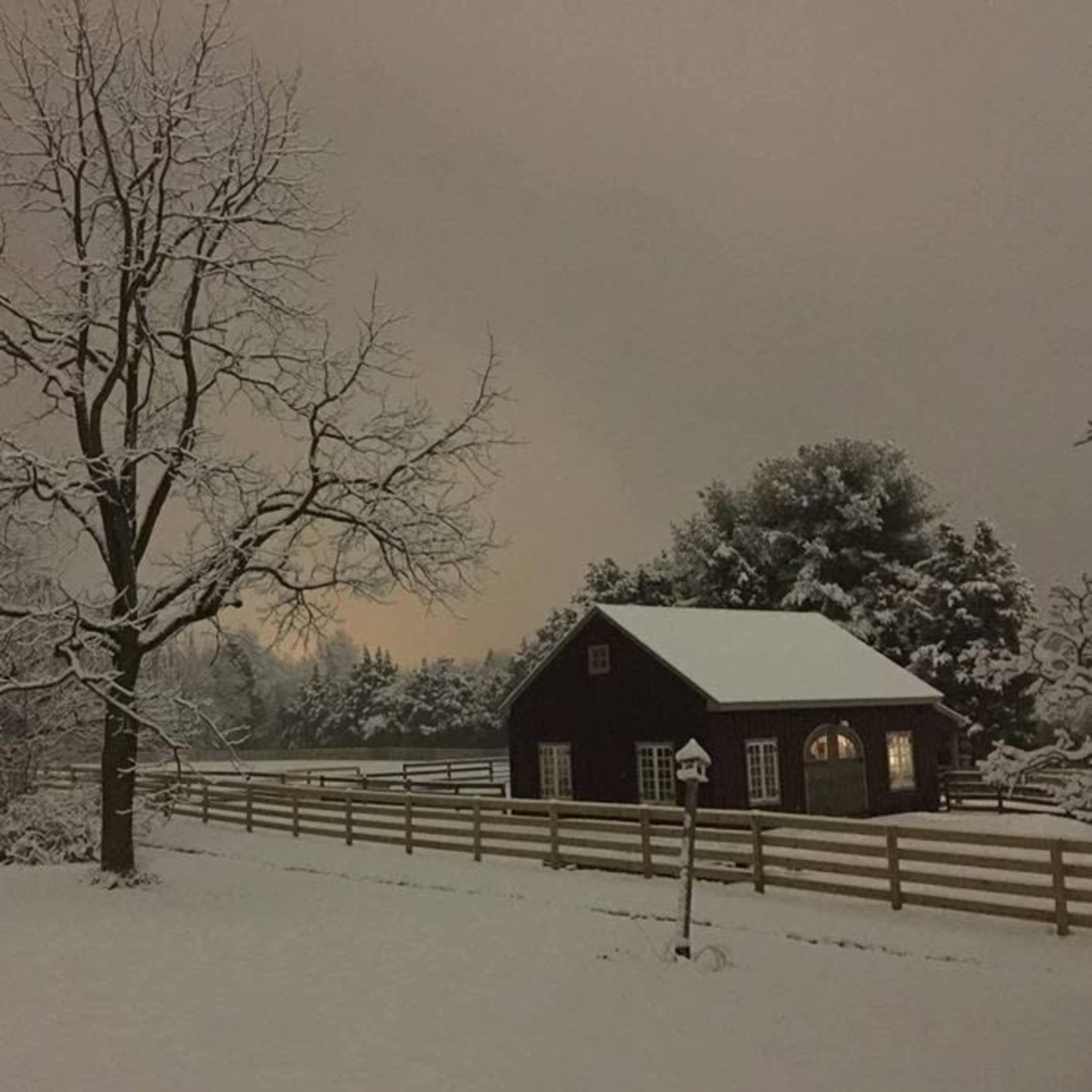 A snow-covered farmhouse is surrounded by a wooden fence, with a bare tree and a softly lit window in the evening light.