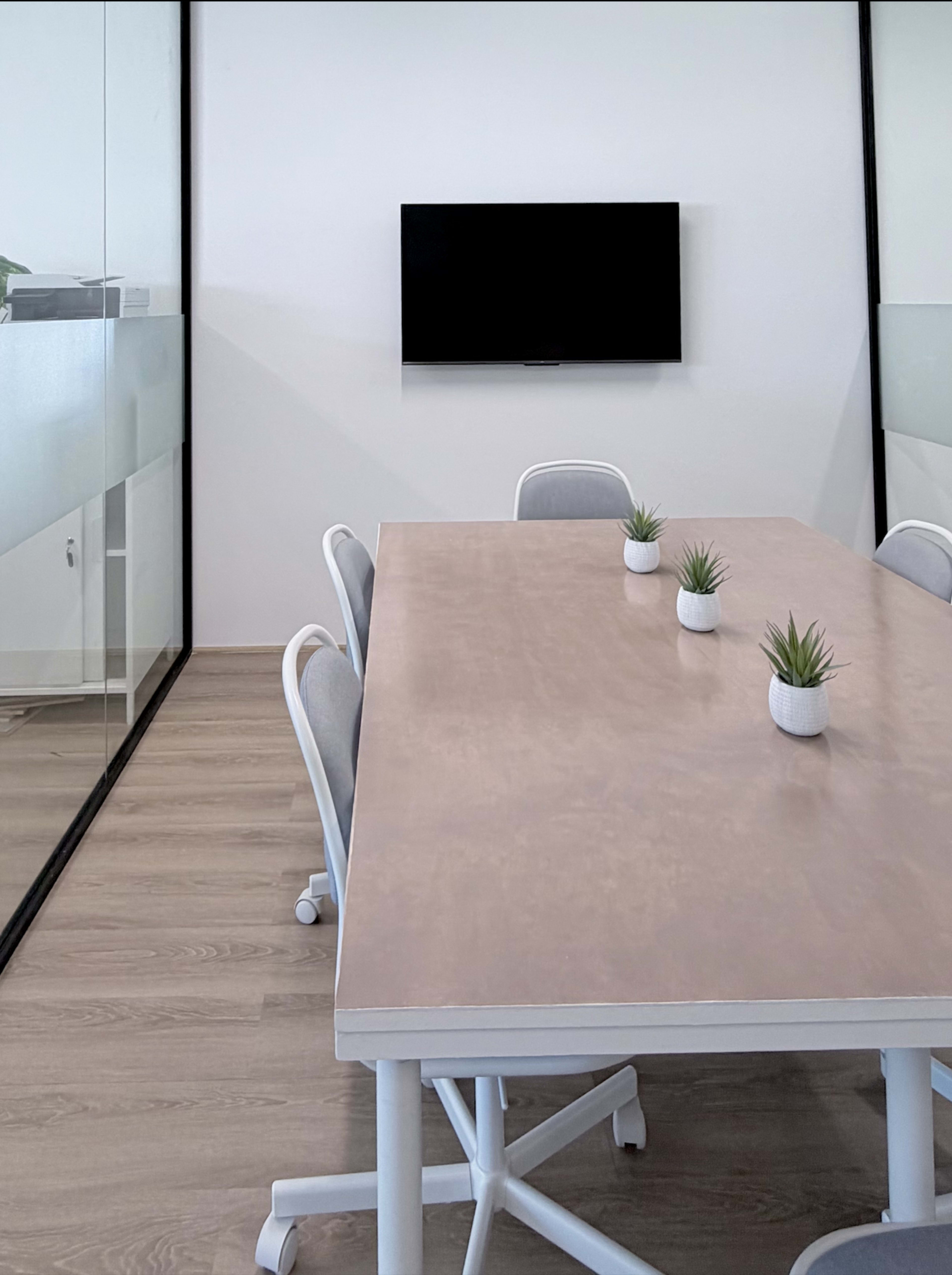 A modern conference room features a long table with three small potted plants, a wall-mounted TV, and glass partitions.