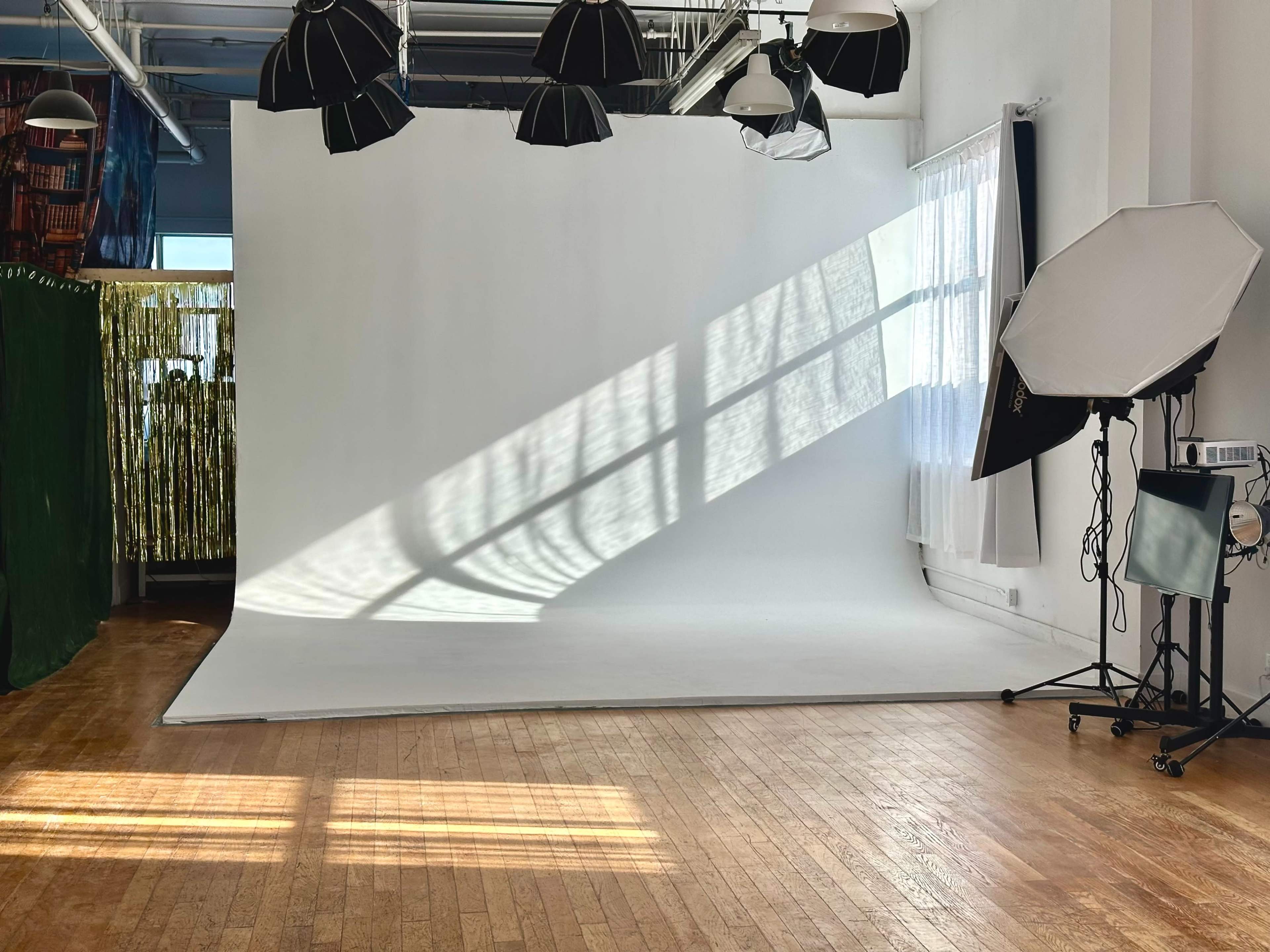 The image shows a photography studio with a white backdrop, wooden floor, and dramatic shadows created by overhead lights.