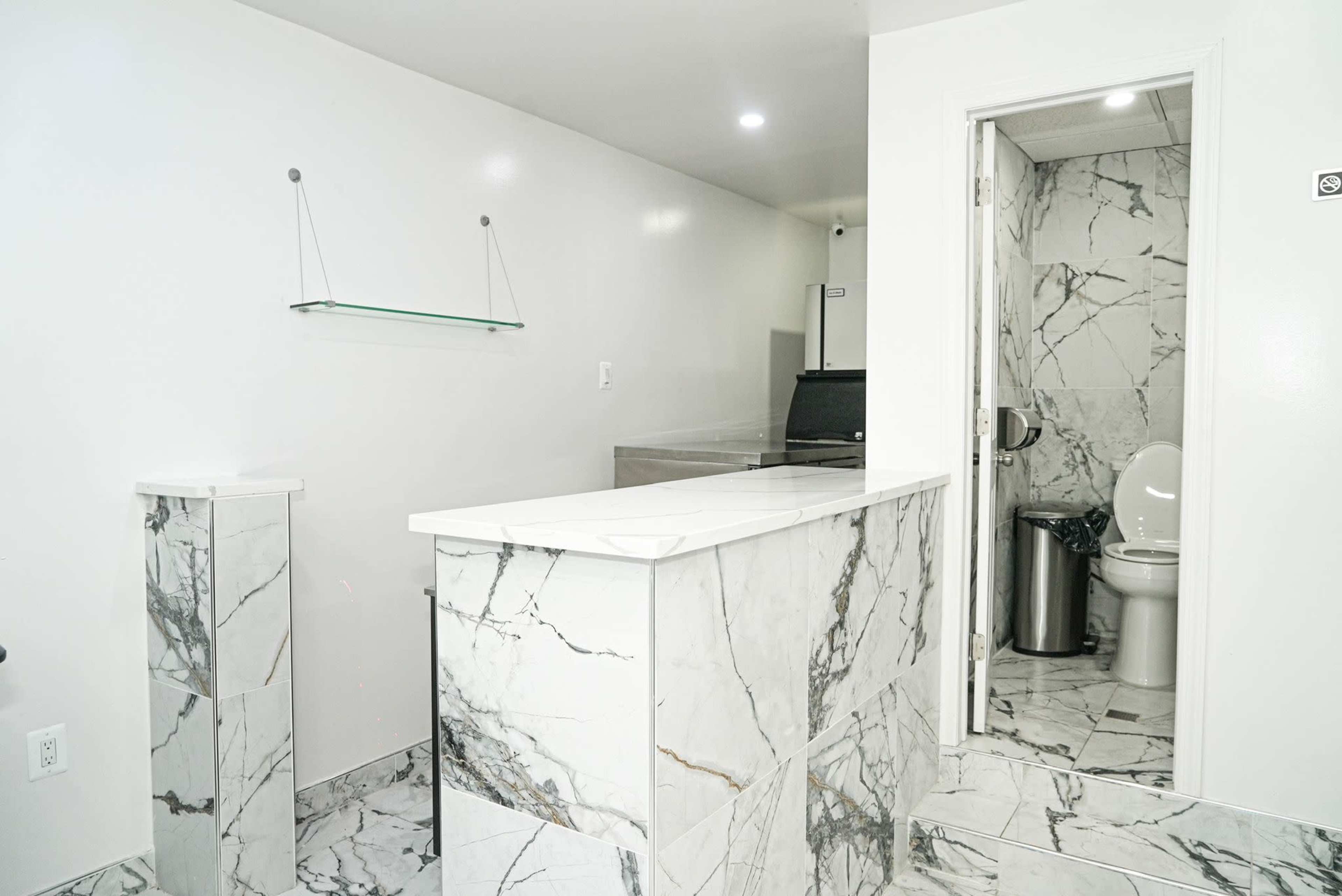 A modern restroom area with marble-patterned walls and flooring, featuring a counter, a toilet, and a small sink.