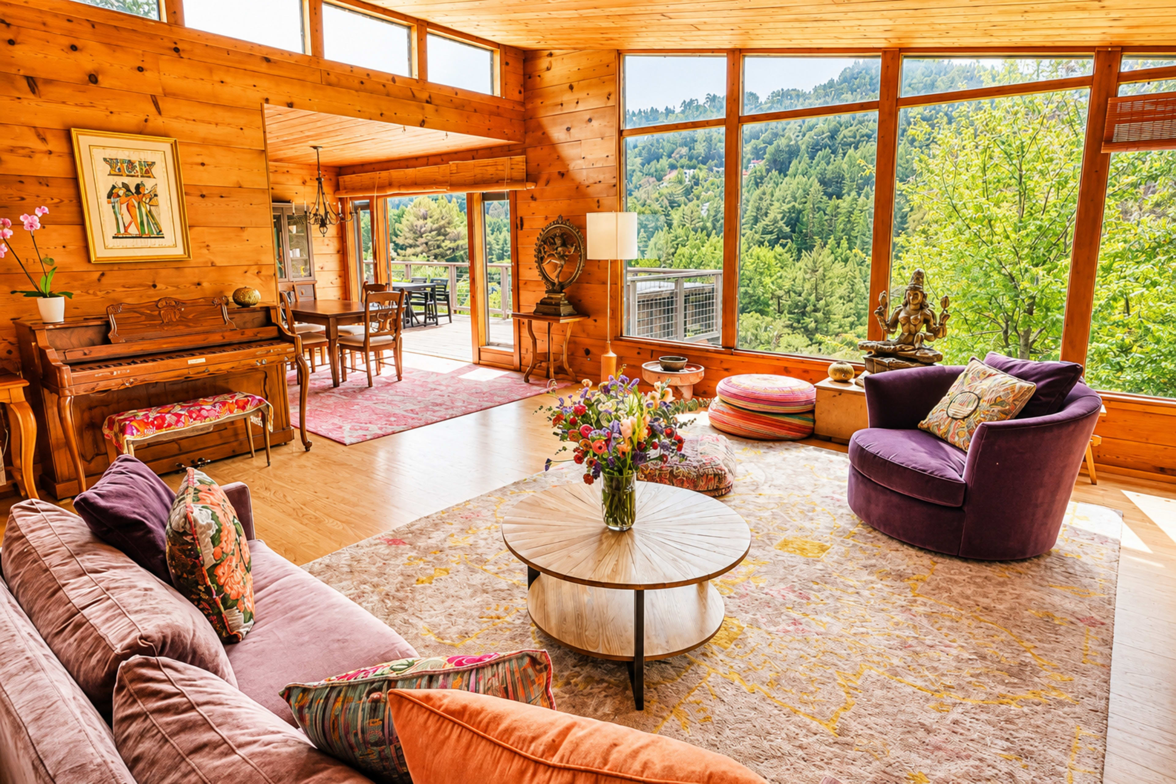 A spacious, wooden-paneled living room features a seating area with plush furniture, a coffee table, and large windows overlooking a forested landscape.
