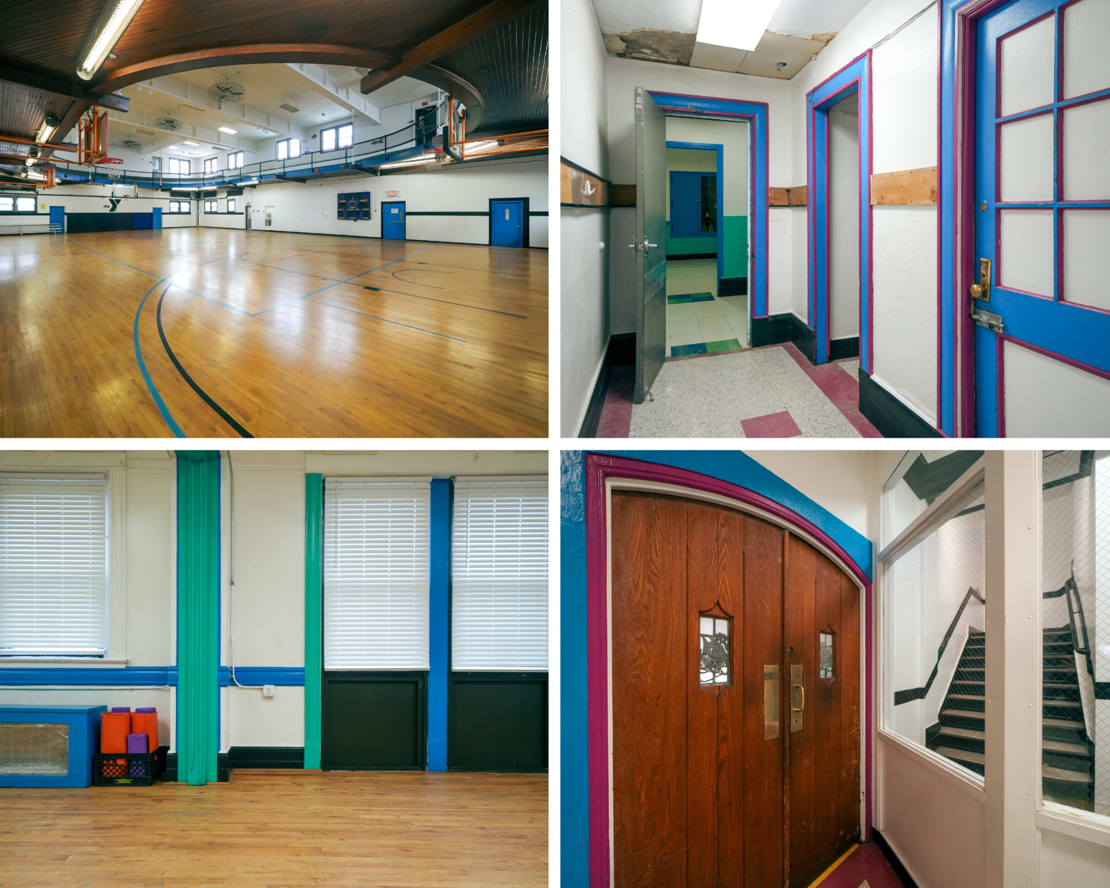 The image displays an indoor gymnasium with a wooden floor, adjacent hallways, and areas featuring various colored accents on walls and doors.
