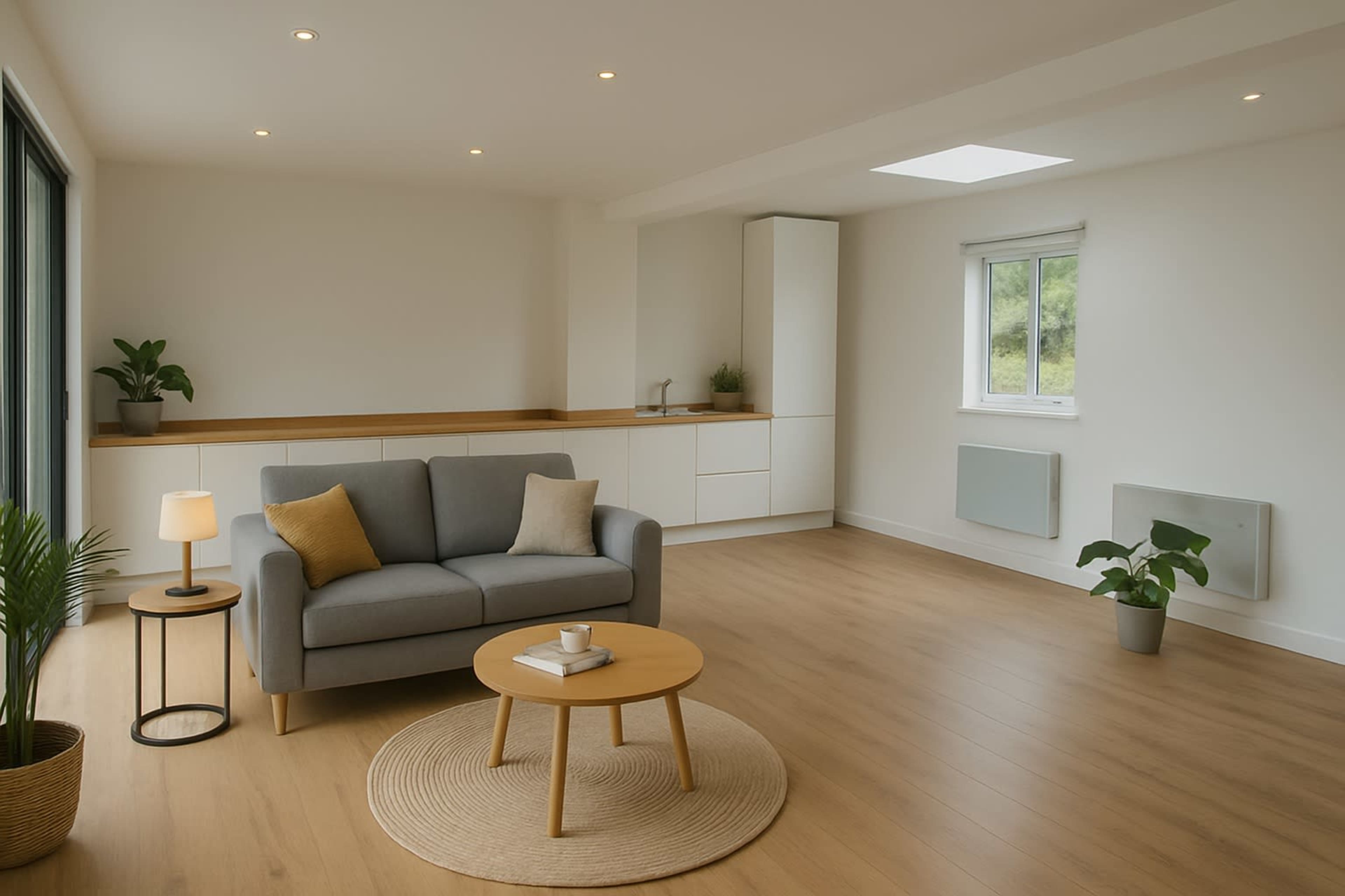 The image shows a modern, minimalist living room featuring a gray sofa, a circular coffee table, and a large window with natural light.