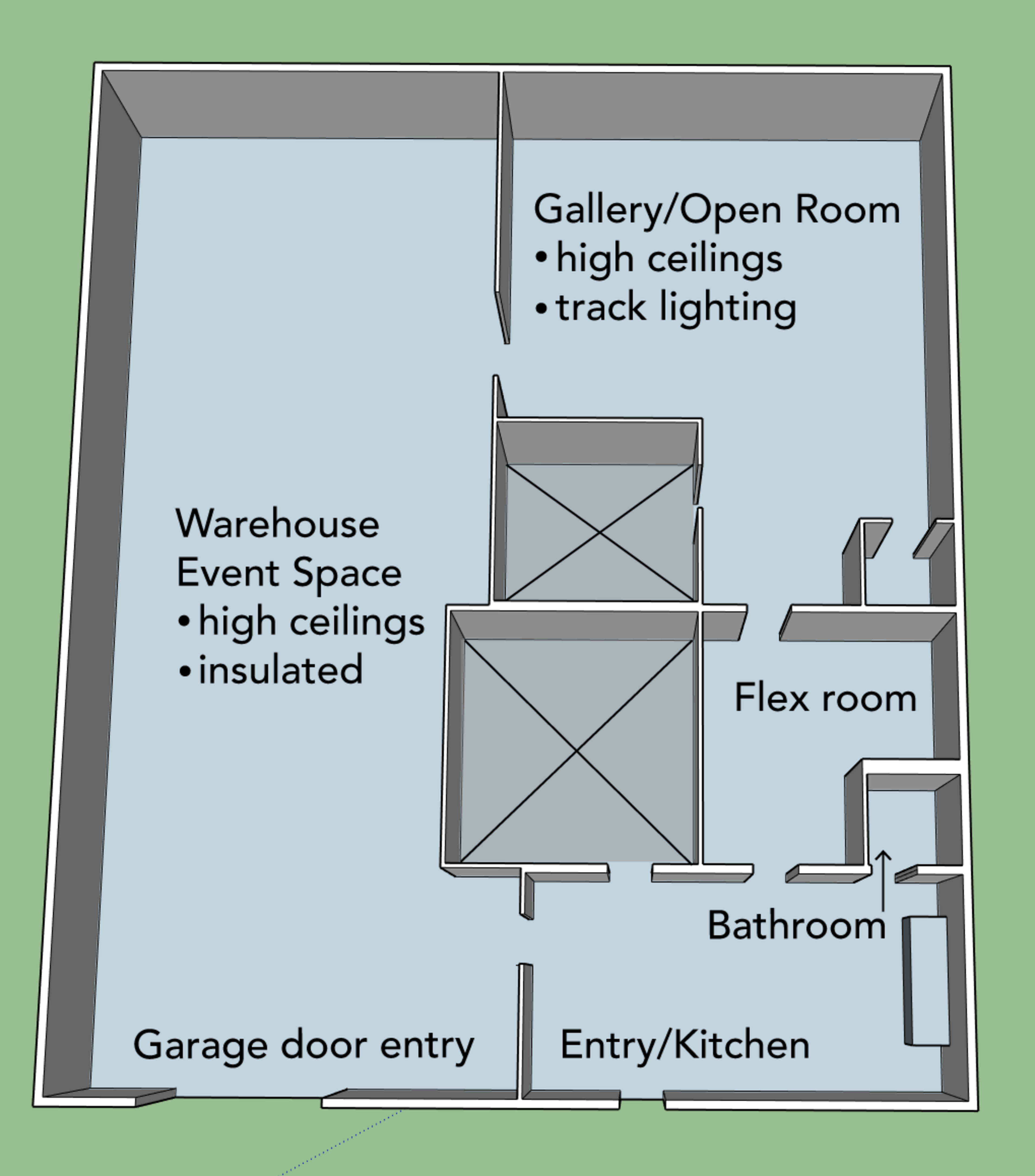 A floor plan of a warehouse event space featuring a gallery/open room, a flex room, a bathroom, and an entry/kitchen area, with indicated high ceilings and track lighting.