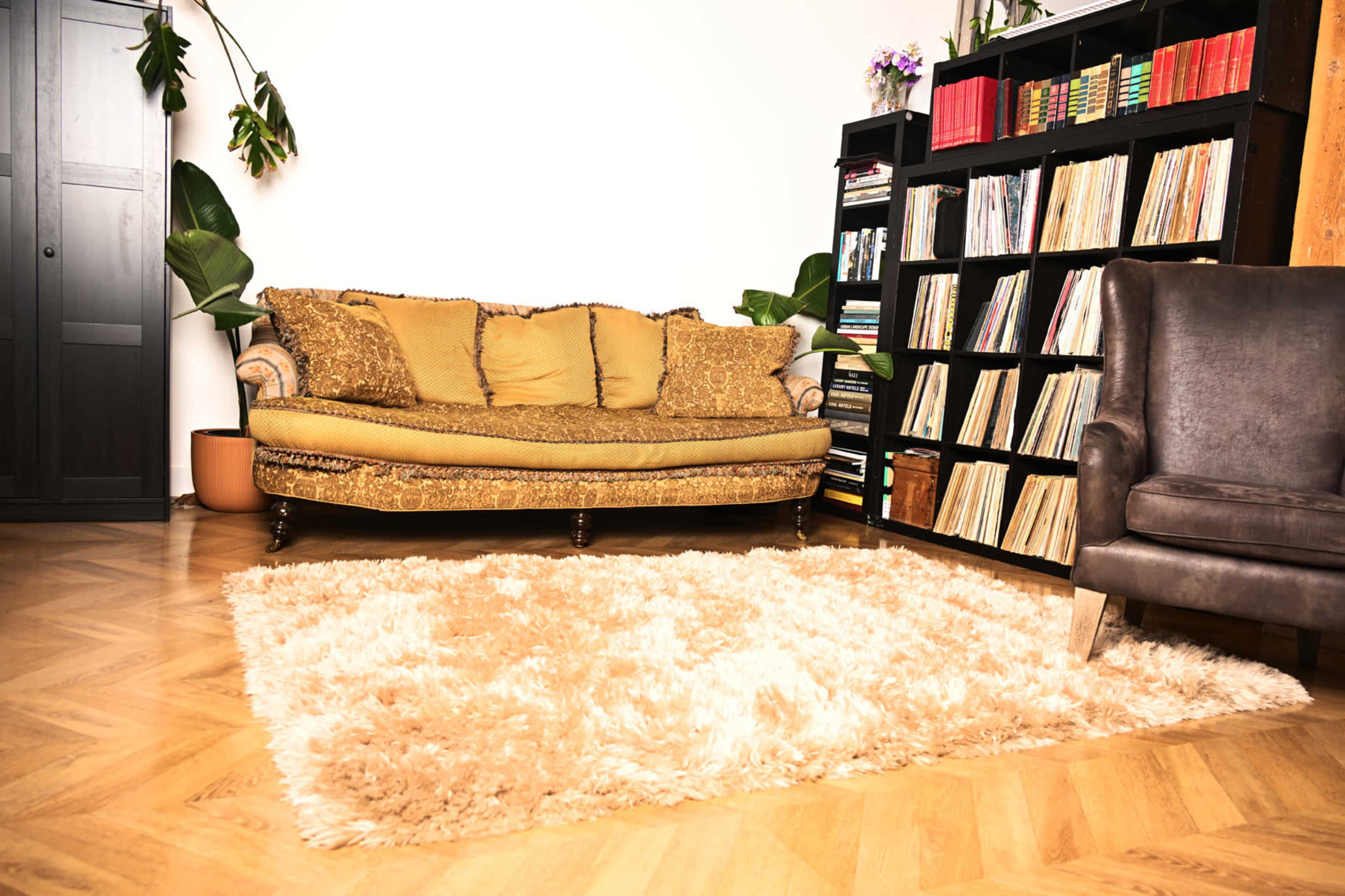 The image shows a living room with a gold-colored sofa, a dark armchair, a bookshelf filled with records, and a large area rug on the wooden floor.