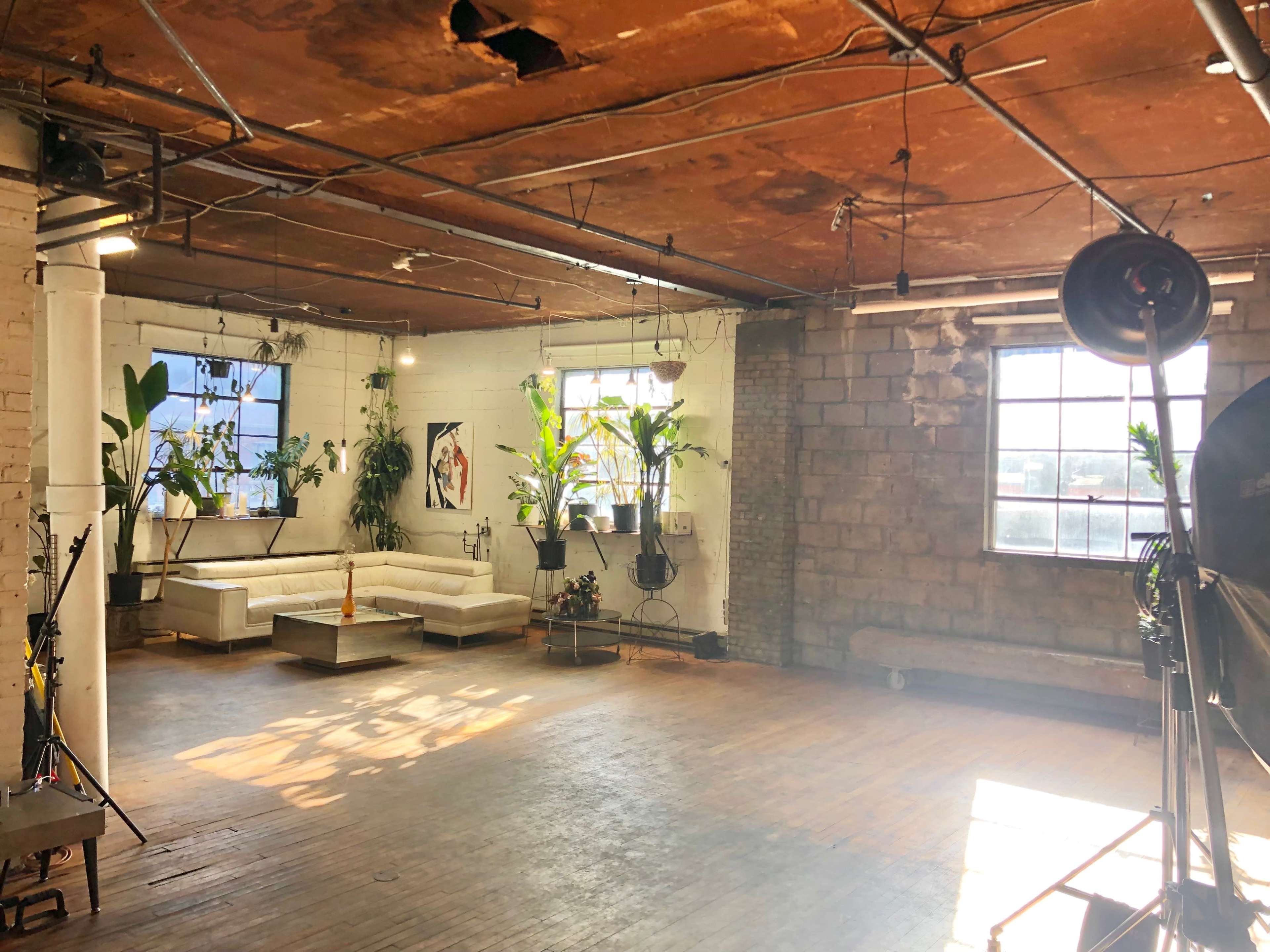 The image shows a spacious, industrial-style room with wooden floors, exposed brick walls, large windows, and various potted plants, as well as studio lighting equipment in one corner.