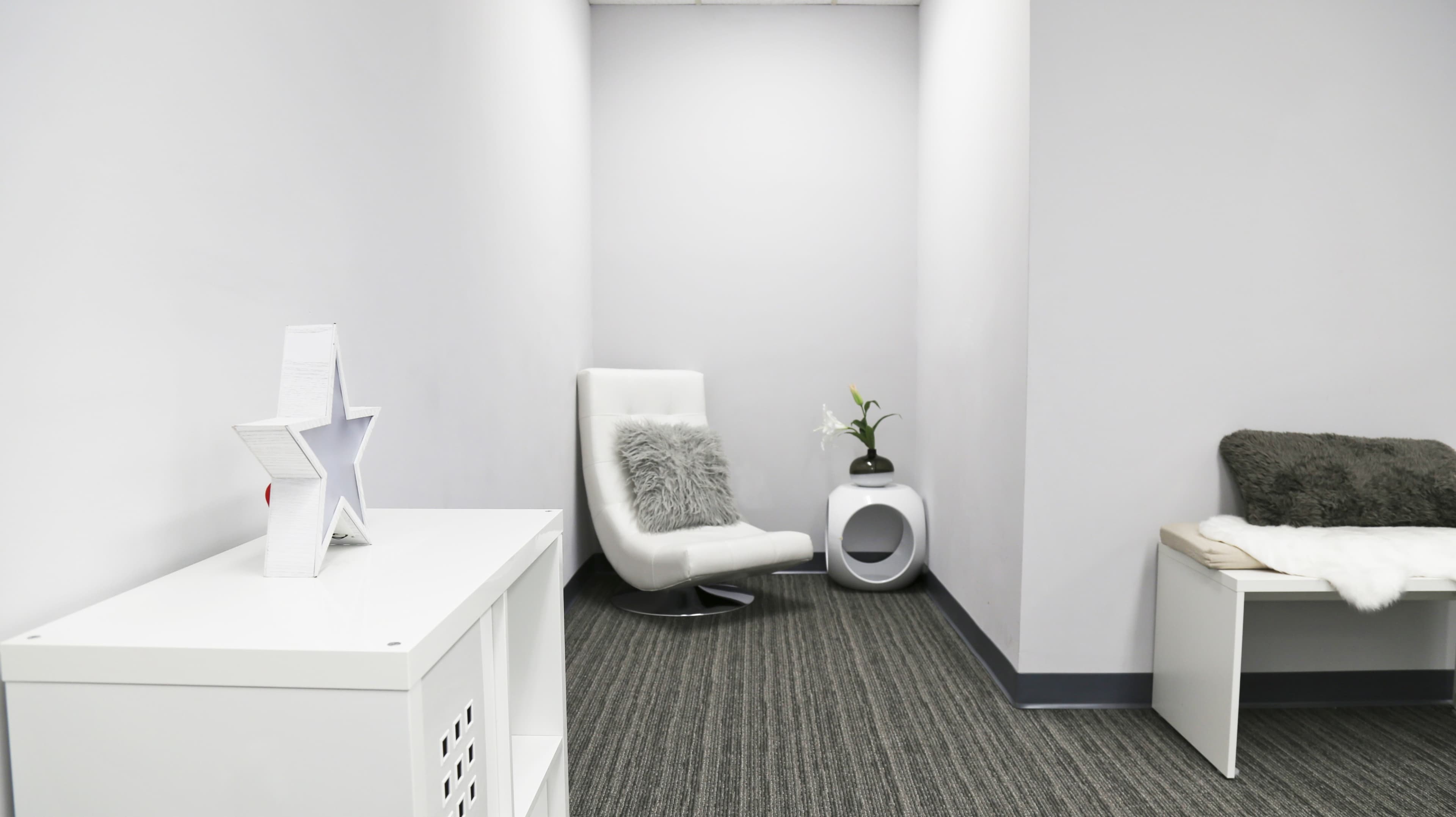 A minimalistic room featuring a white chair with a gray throw pillow, a small white table with a plant, and a light gray wall.