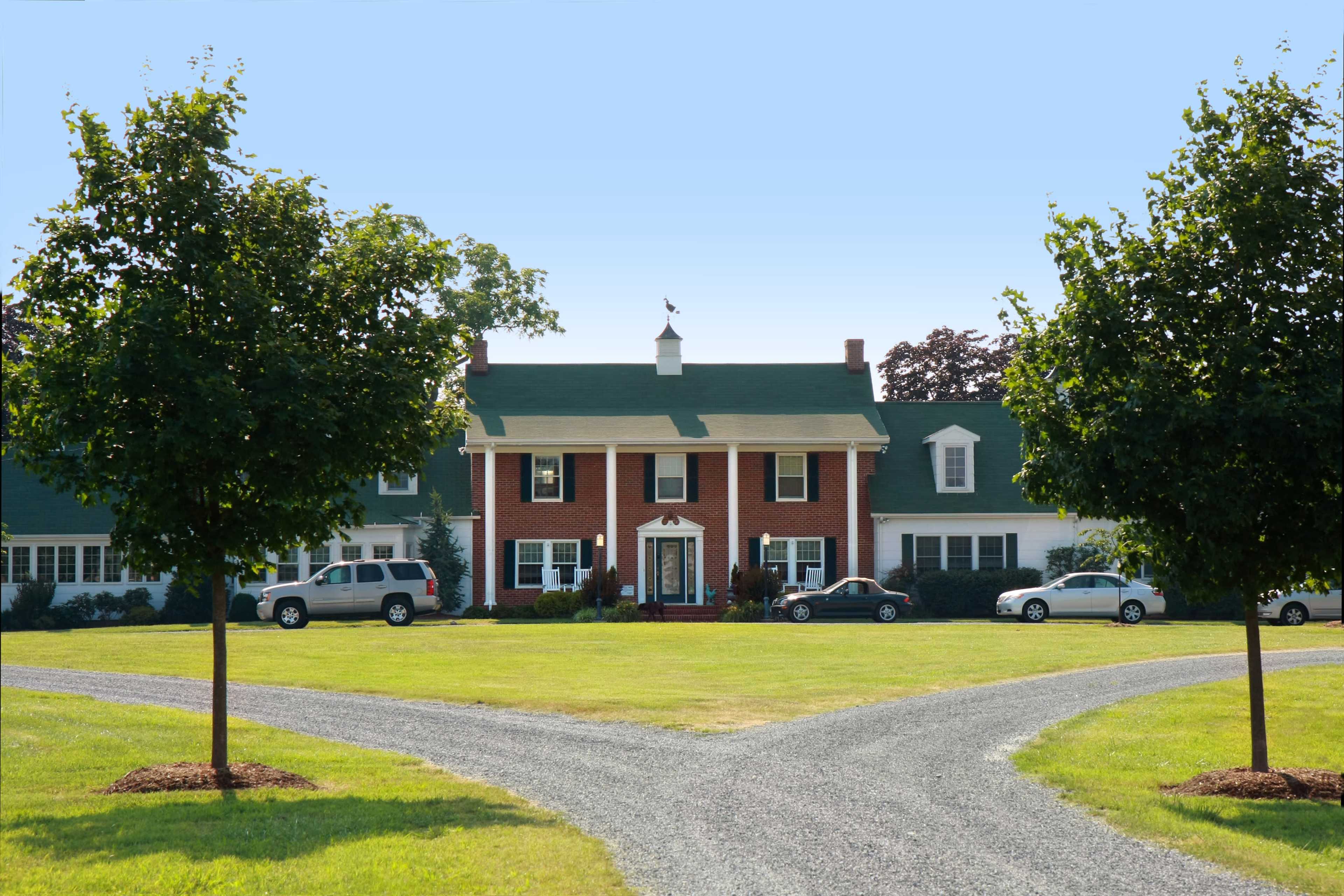 A large brick house with a green roof is situated at the end of a gravel driveway that forks in front of it, flanked by two small trees.