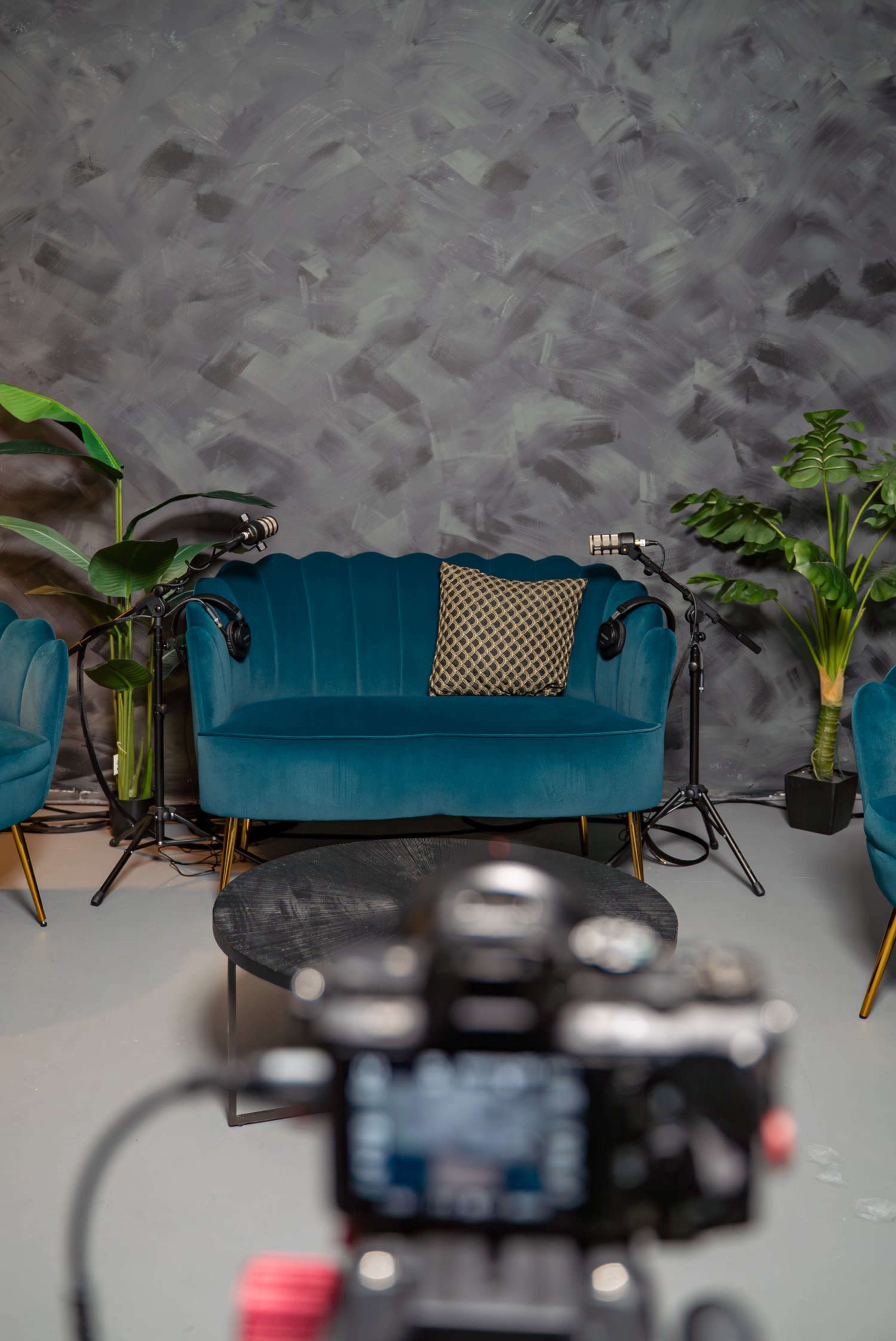 A teal couch with a decorative pillow is centered in a room featuring plants and lighting equipment against a textured gray wall.