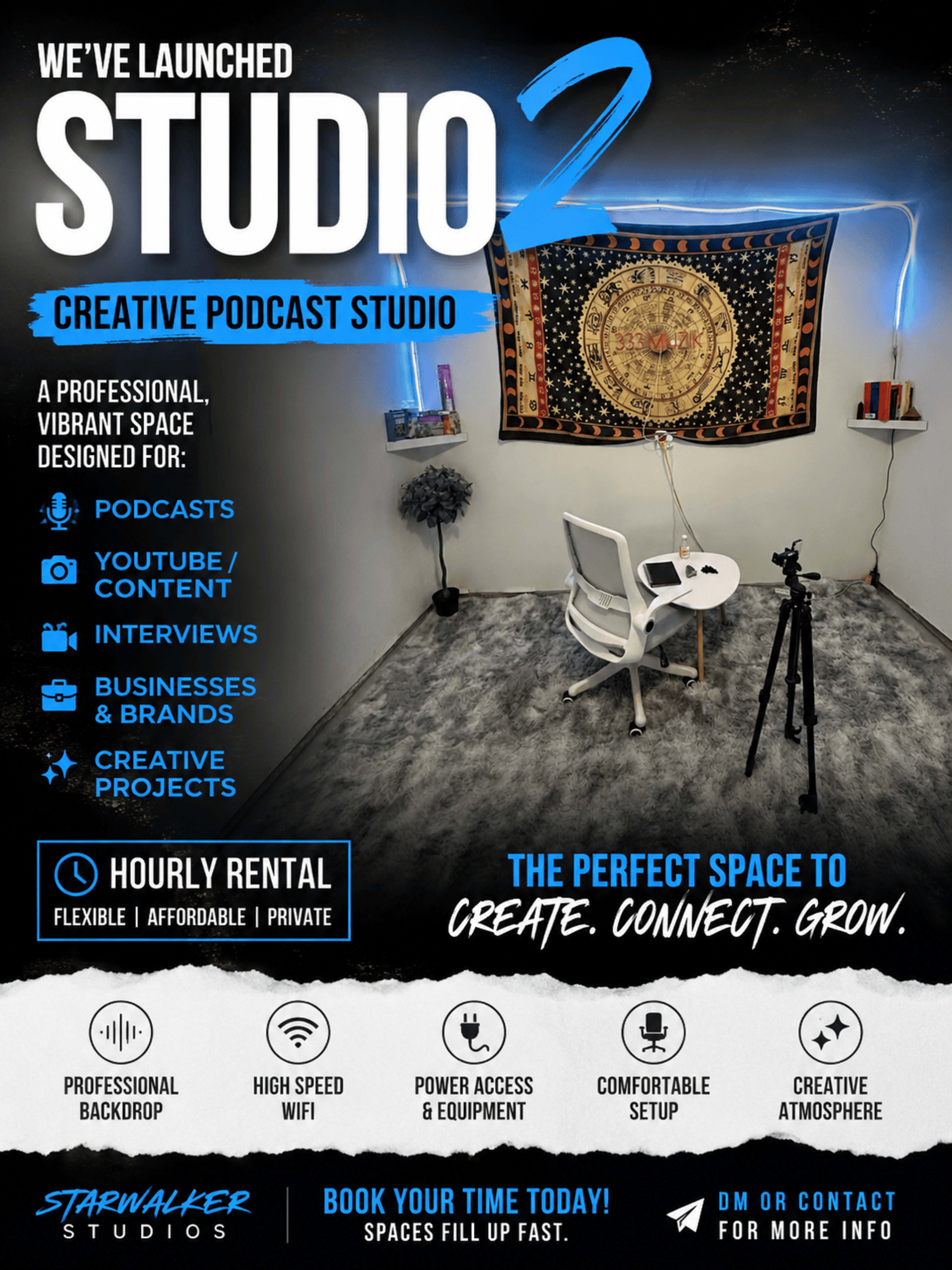 The image promotes a podcast studio featuring a colorful backdrop and empty seating area, highlighting amenities for content creation.