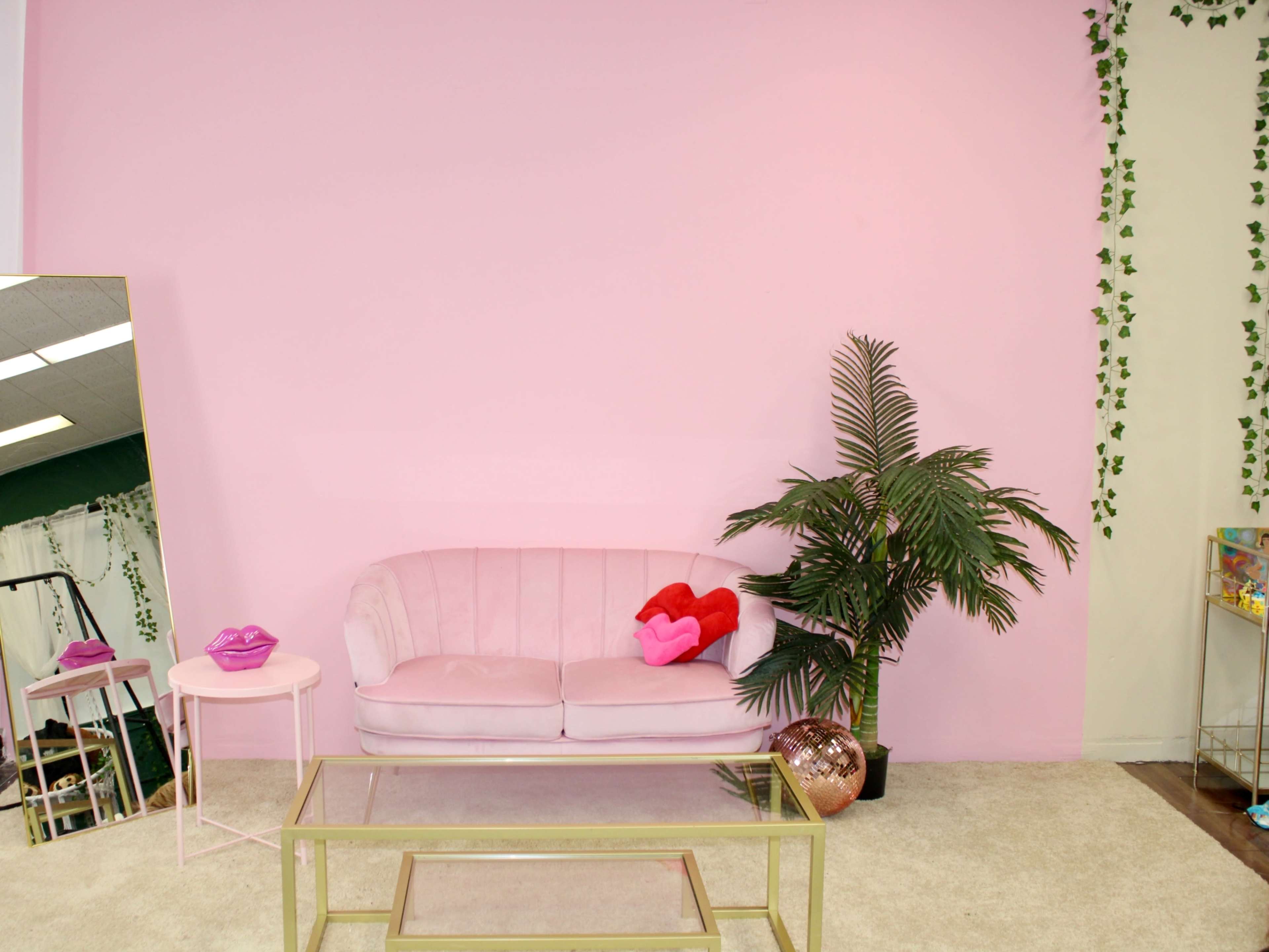 The scene features a pink-walled room with a pink sofa, a small side table, a potted palm plant, and a decorative mirror.