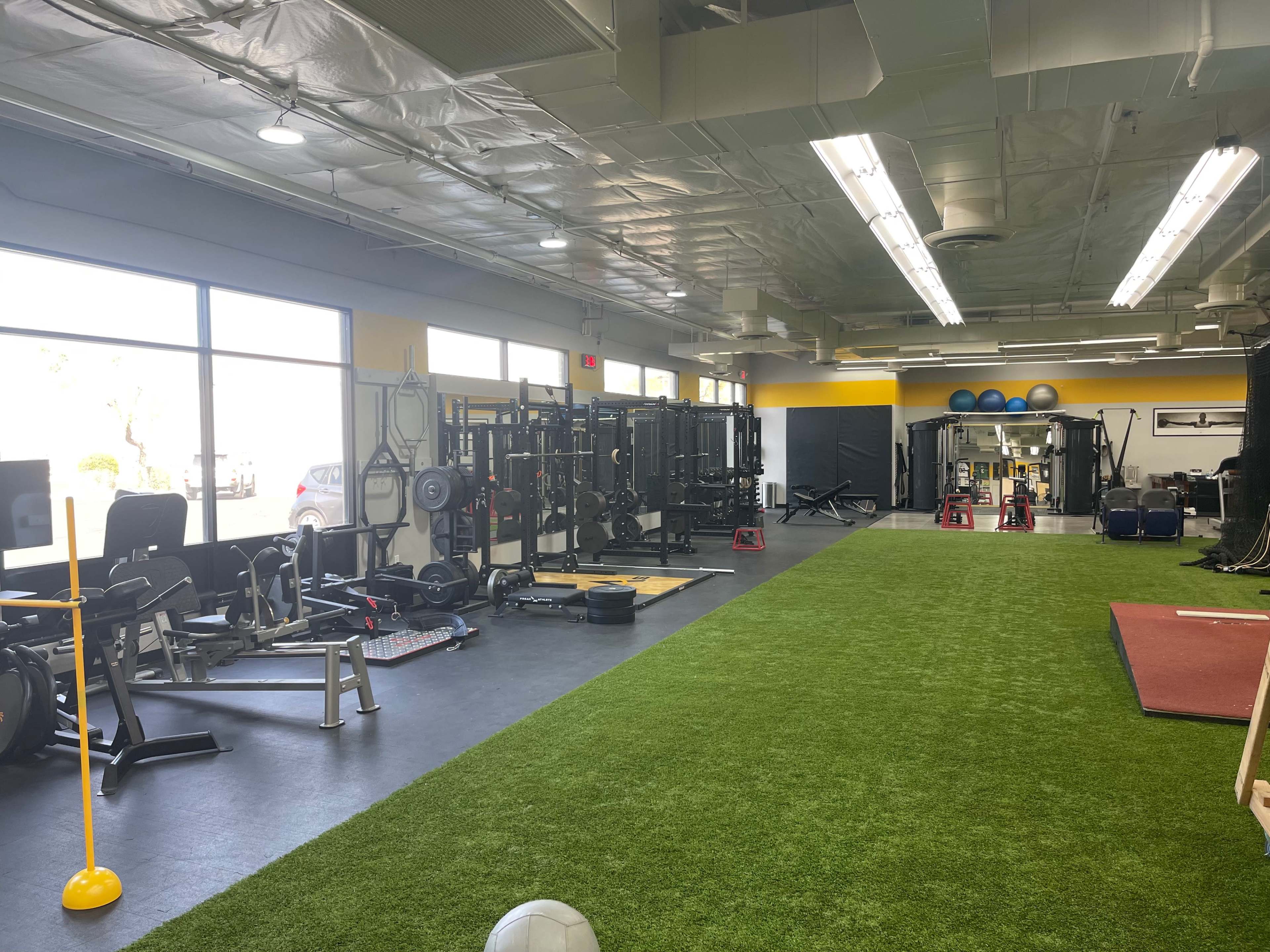 A modern gym interior featuring workout equipment, turf flooring, and large windows allowing natural light.