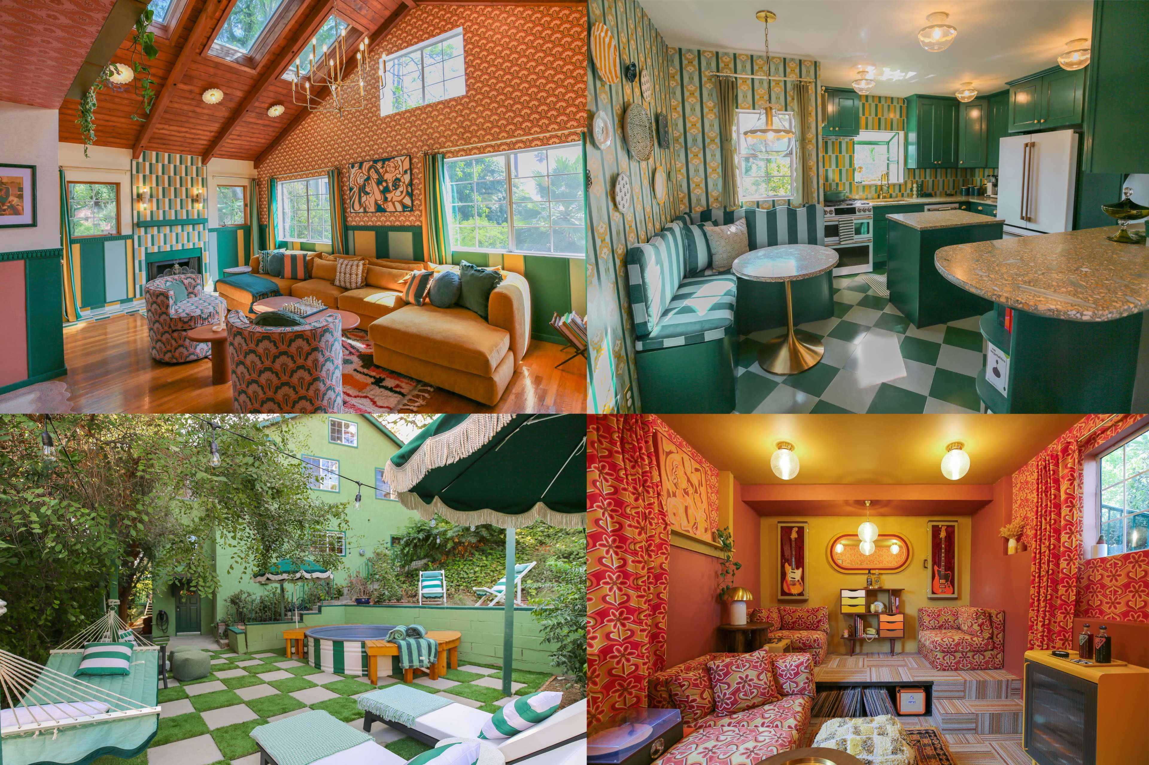 A four-part layout featuring a bright living room, a modern kitchen and dining area, an outdoor space with seating and a hammock, and a cozy lounge room with vibrant decor.