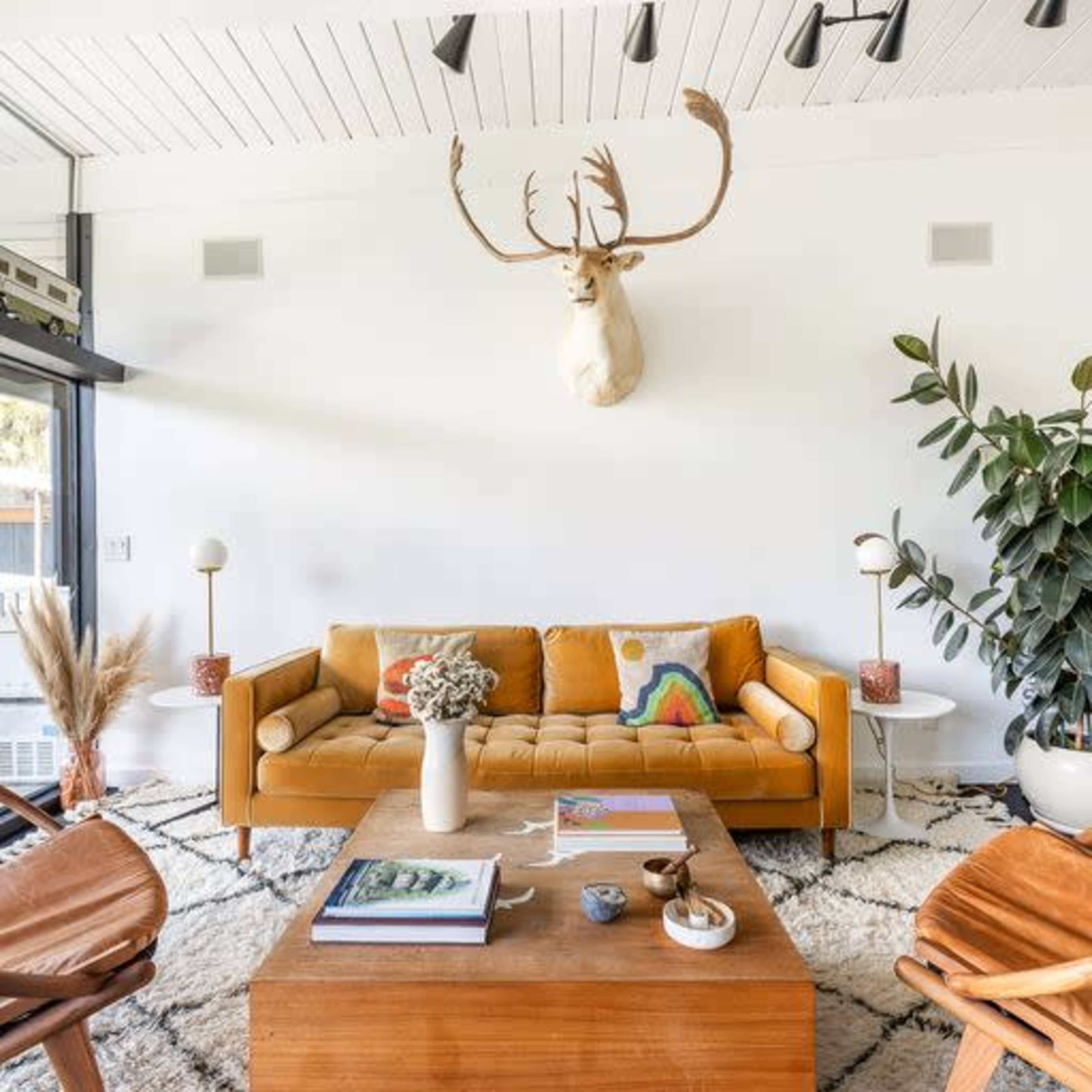 A modern living room with a brown leather sofa, a wooden coffee table, and a mounted deer head on the wall, surrounded by plants and decorative items.