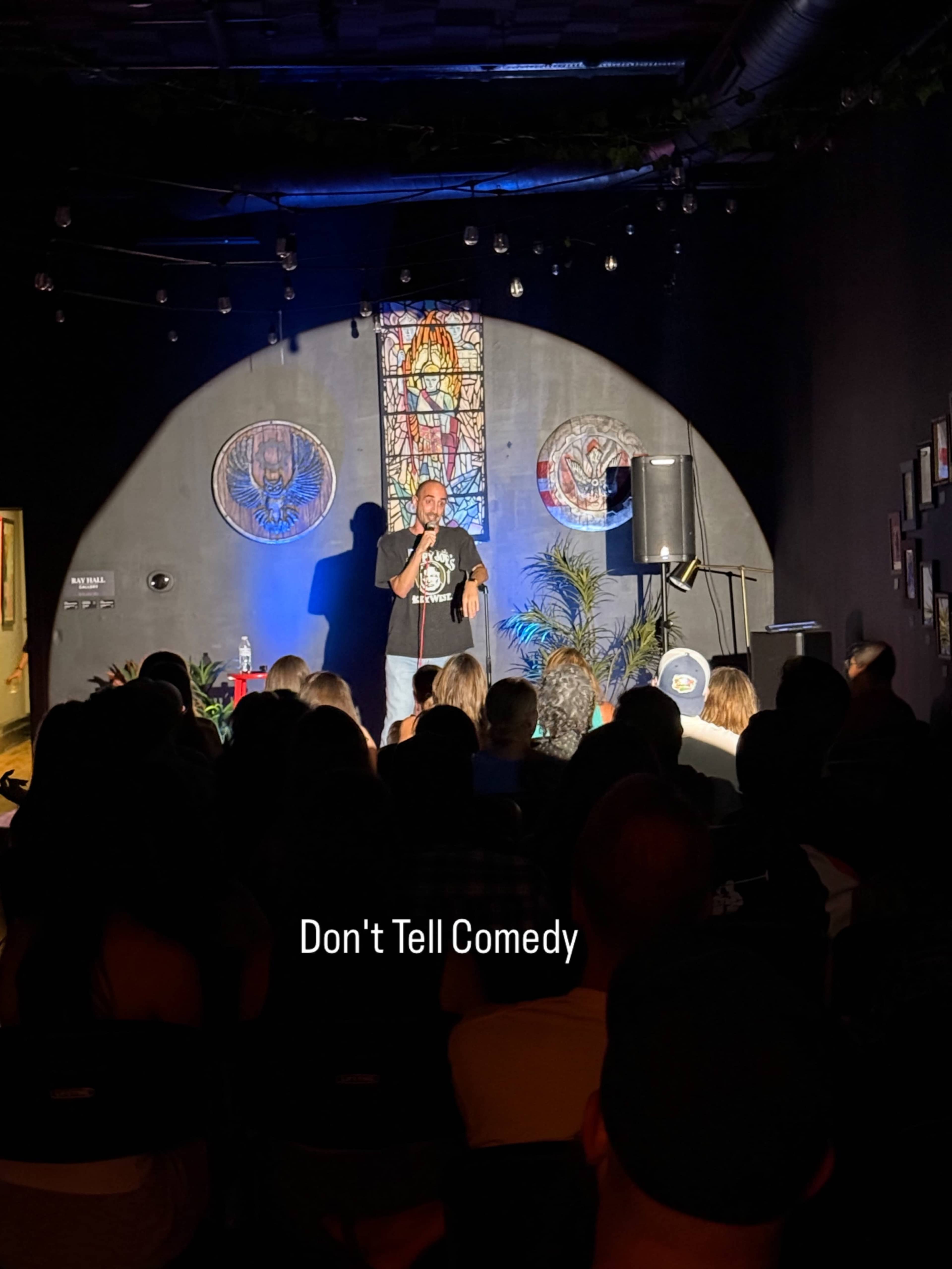A comedian performs on stage in a dimly lit venue filled with seated audience members.