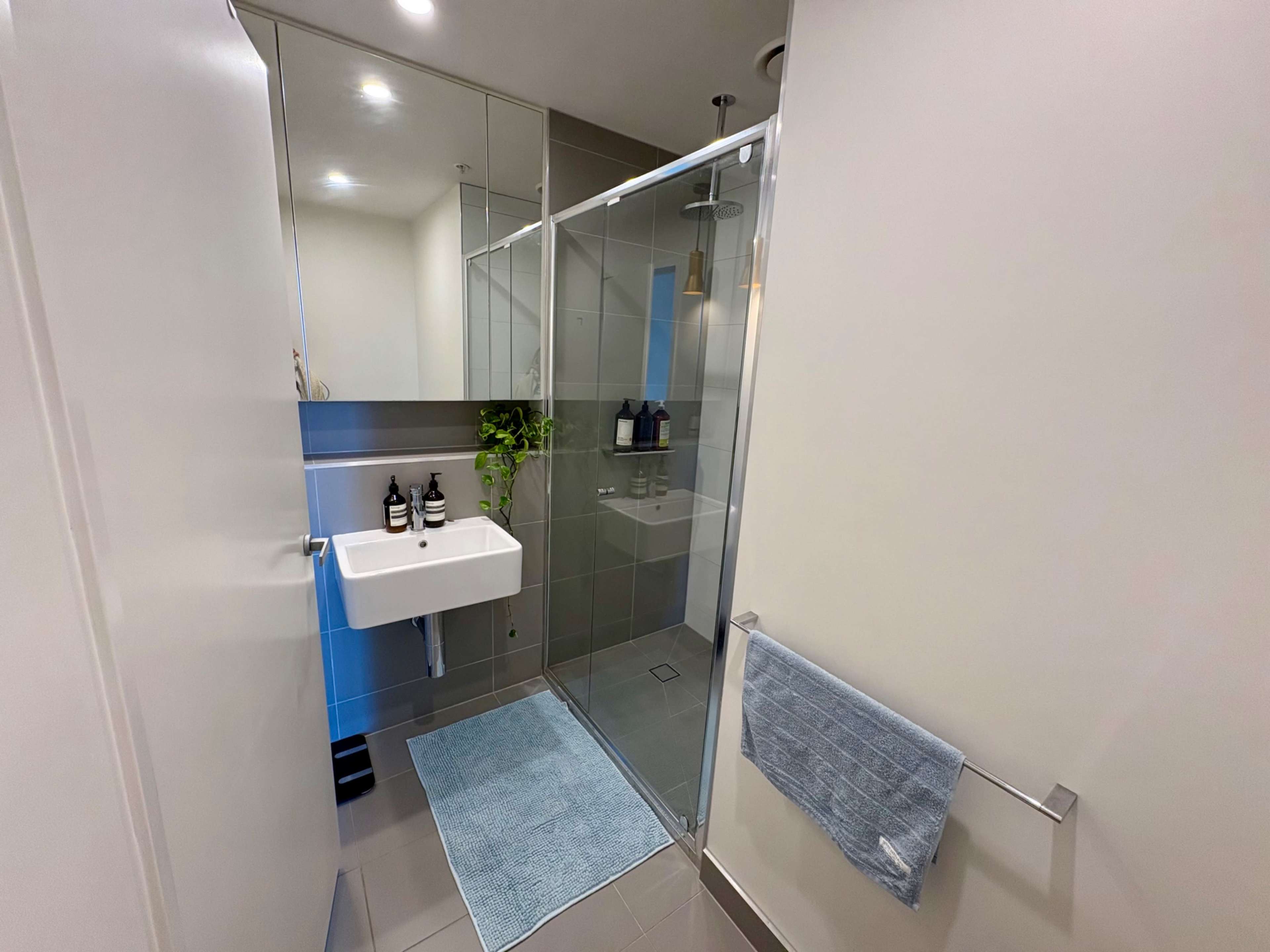 The image shows a modern bathroom with a glass shower enclosure, a small sink, and neatly arranged toiletries on the shelves.