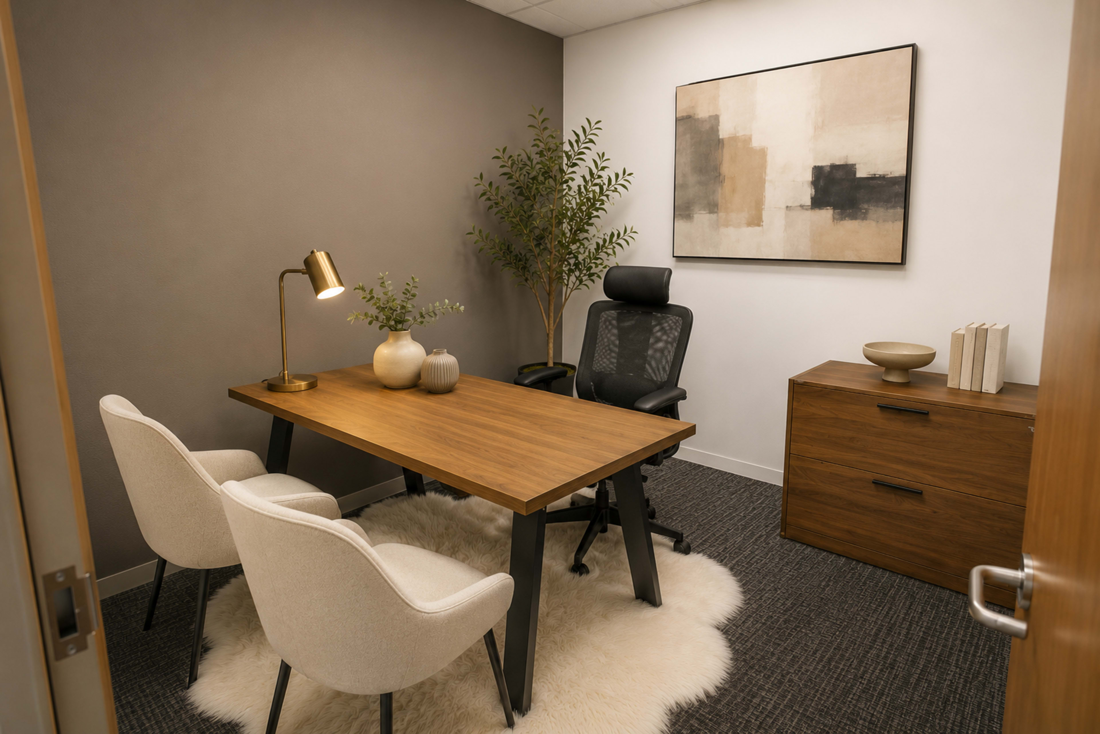 The image shows a small office space featuring a wooden desk with a lamp, two white chairs, a potted plant, and a brown cabinet, all arranged on a plush rug.