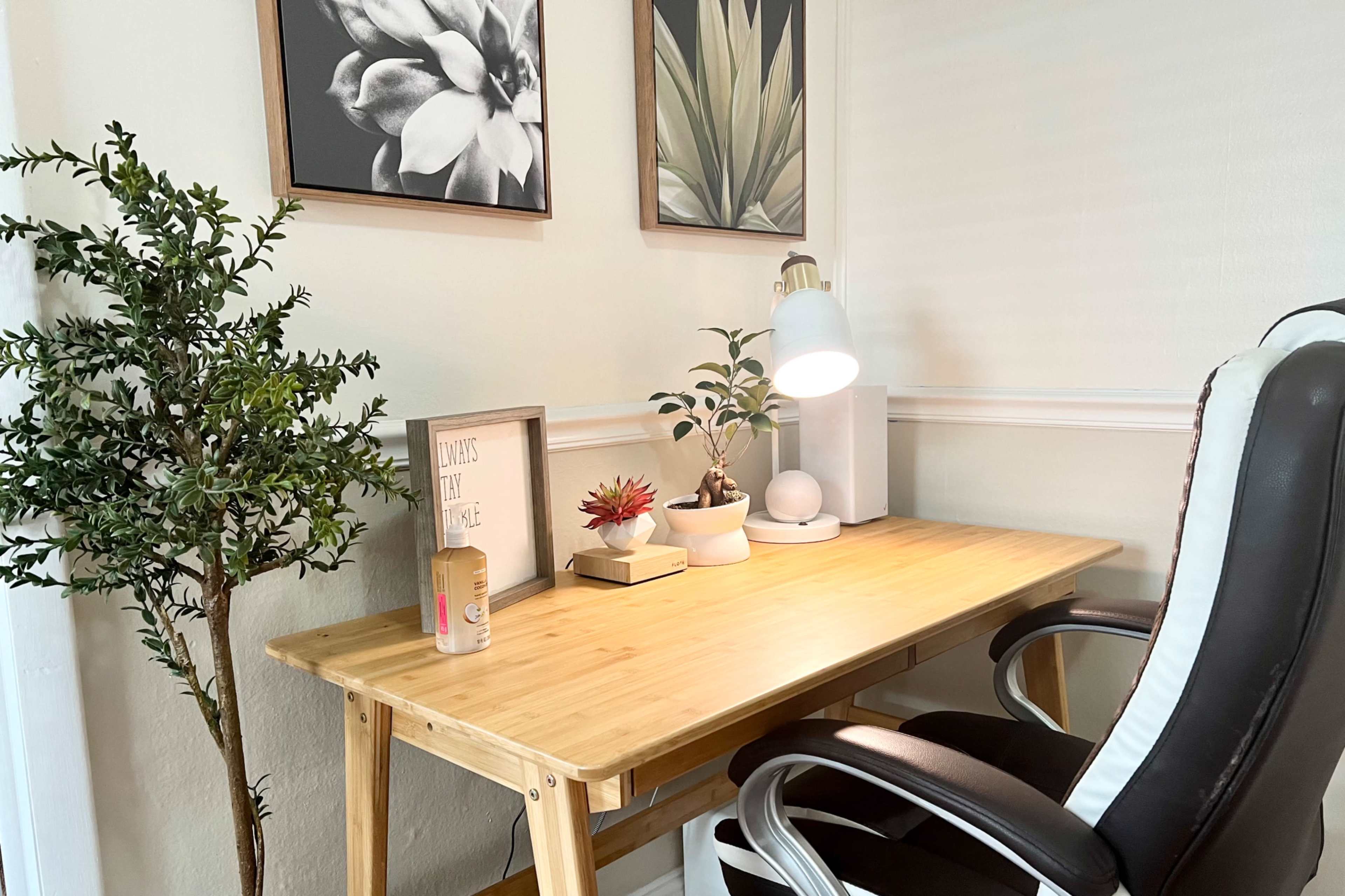 A minimalist wooden desk is adorned with potted plants, a lamp, and framed botanical artwork on the wall.