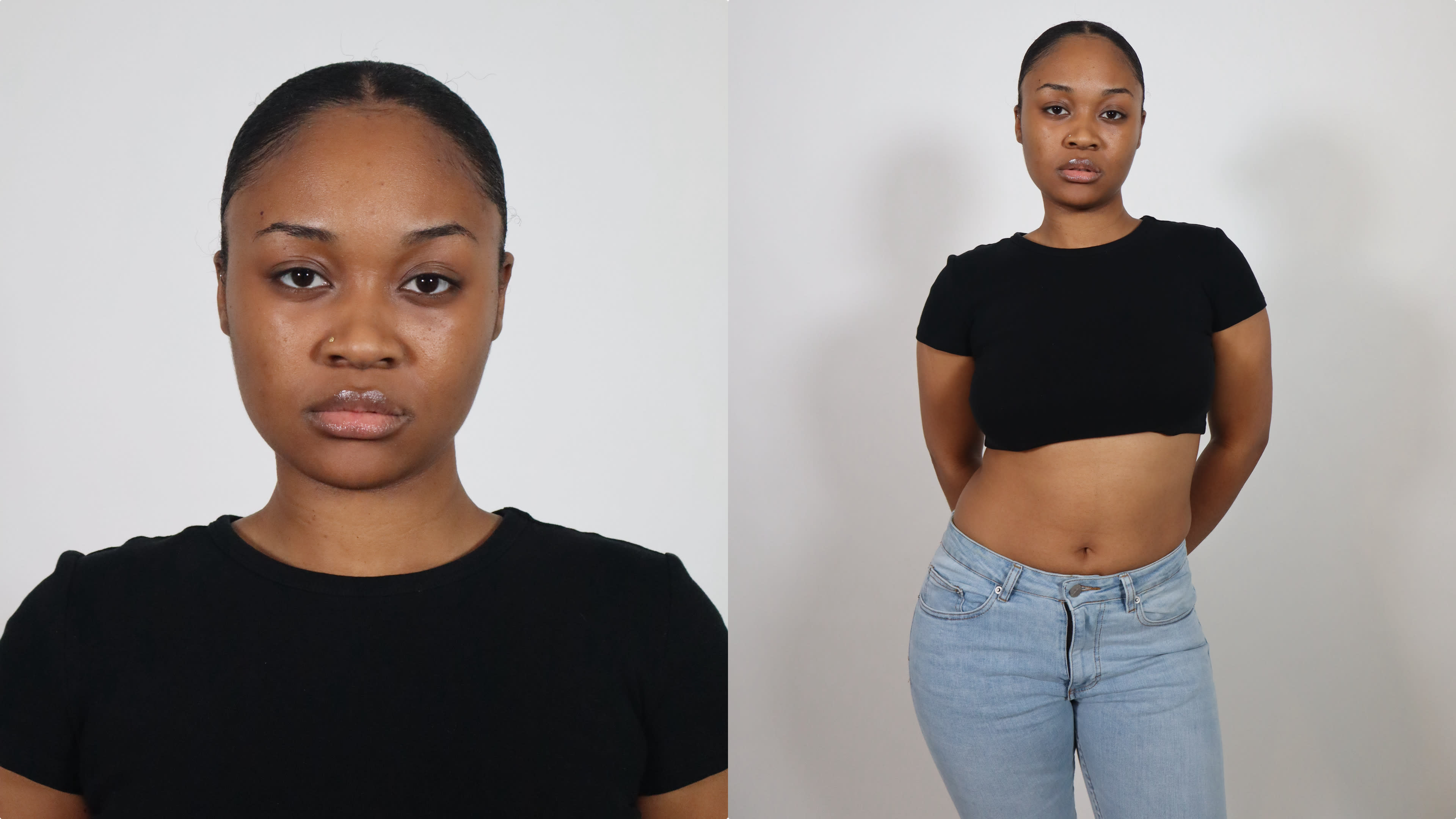 A woman stands against a plain white background, wearing a black crop top and light blue jeans, with her arms crossed in one pose and at her sides in another.
