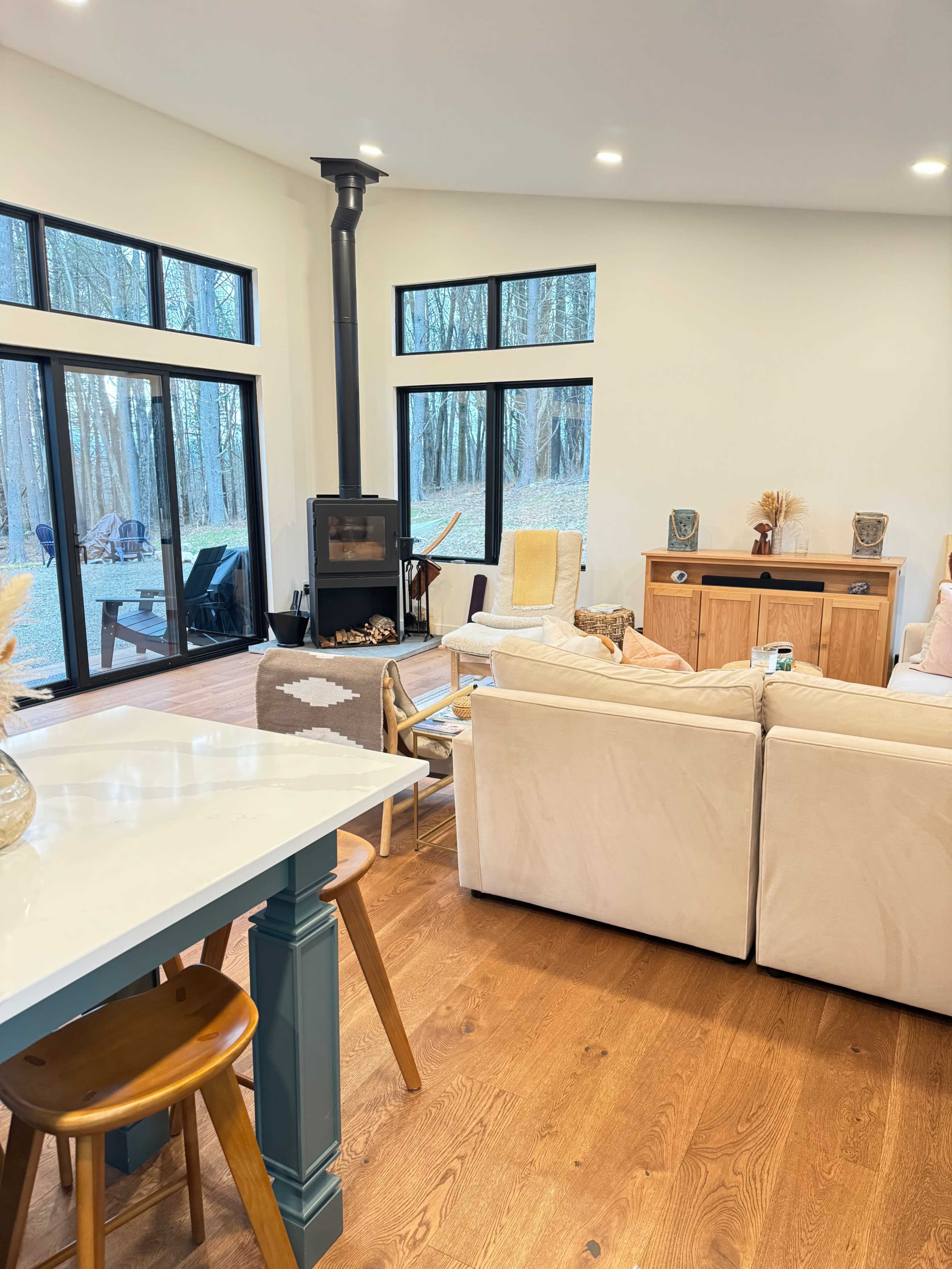 The image shows a cozy interior living space with large windows overlooking trees, a modern fireplace, and comfortable furniture.