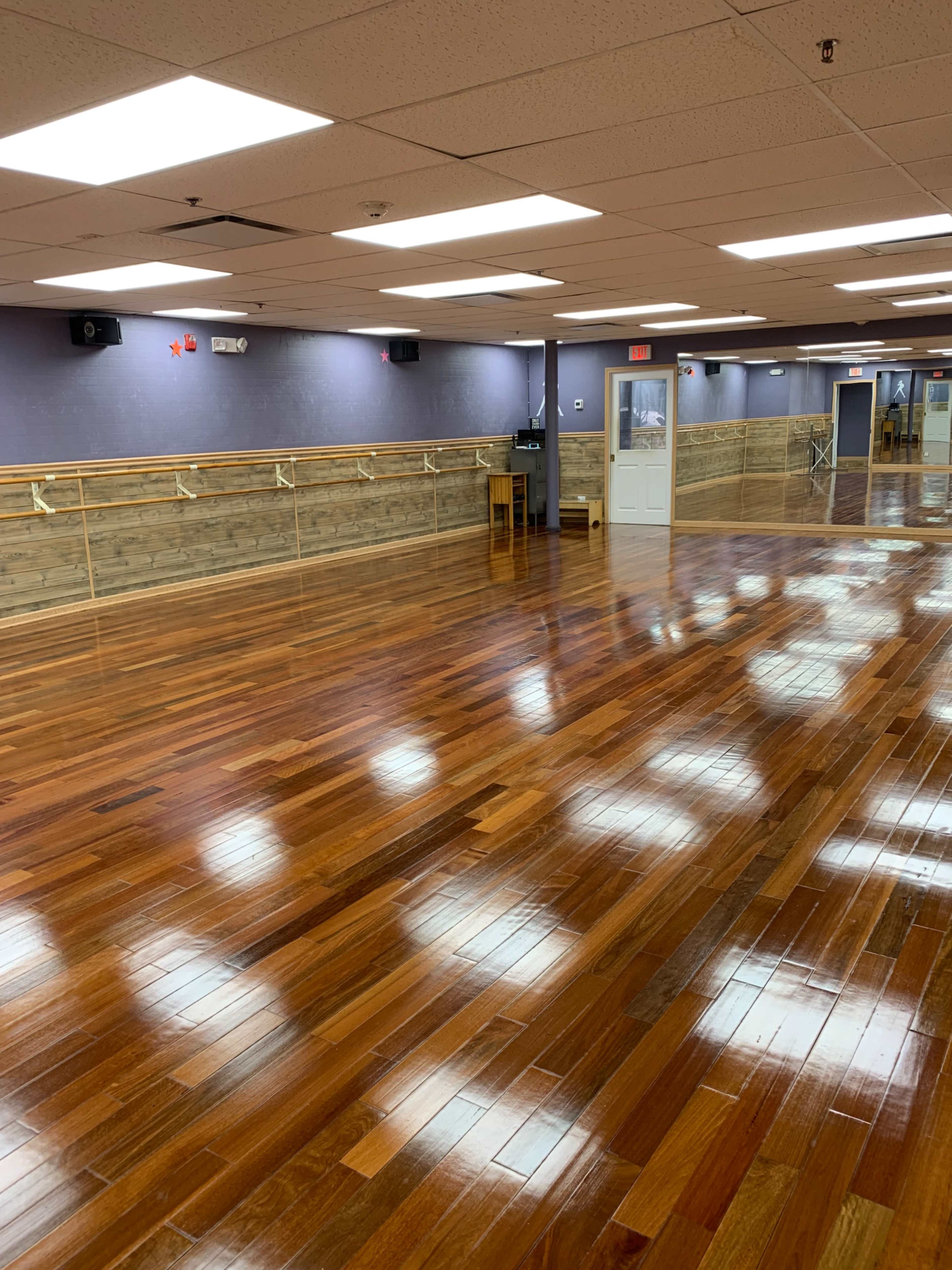 A spacious dance studio with polished wooden floors, mirrors along the walls, and ballet barres.