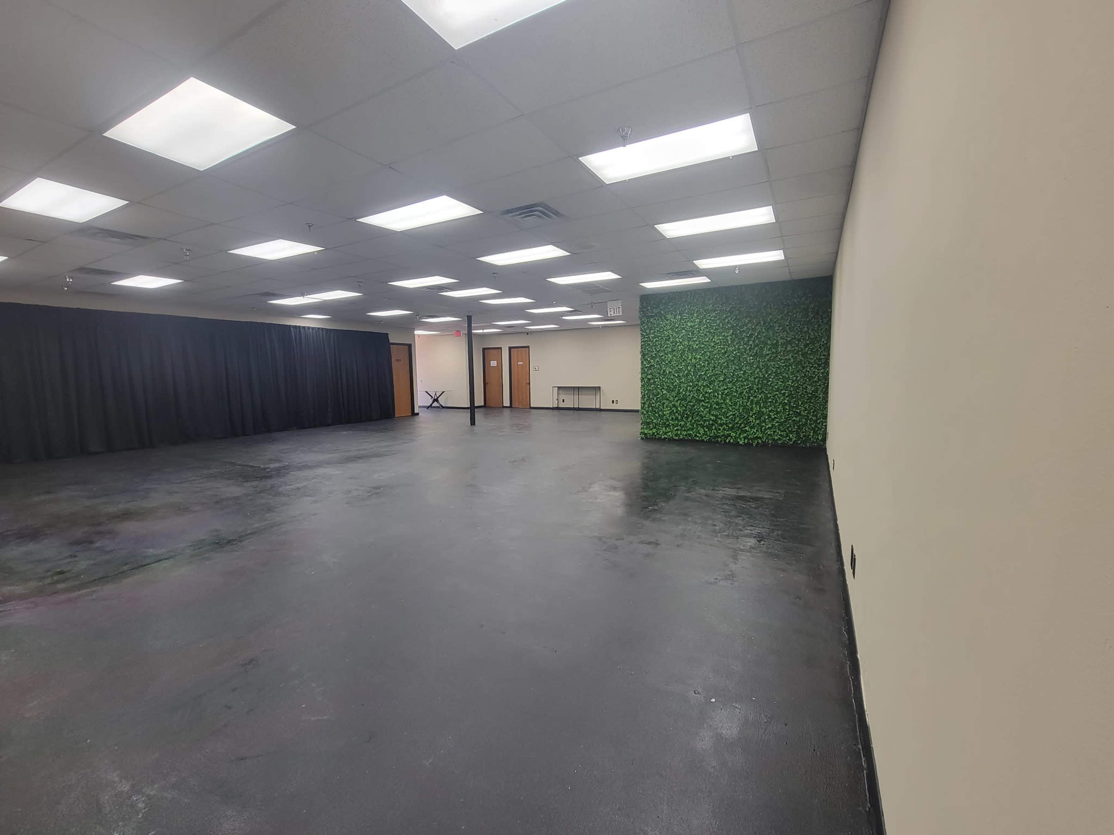 The image shows a large, empty interior room with a polished black floor, white ceiling lights, and a green wall covered in artificial foliage.