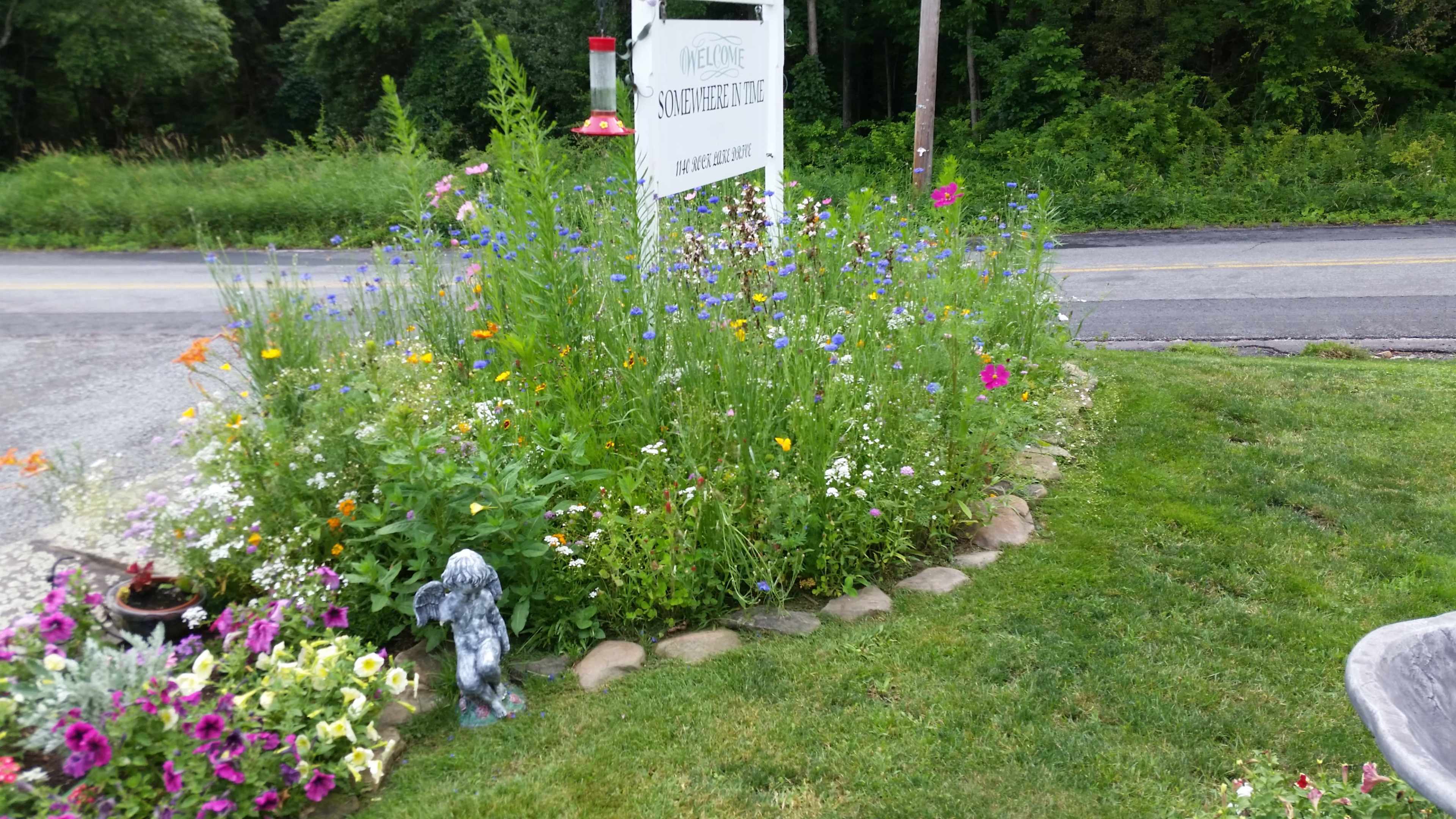 A garden filled with colorful wildflowers and a stone border is situated near a road with a signpost.