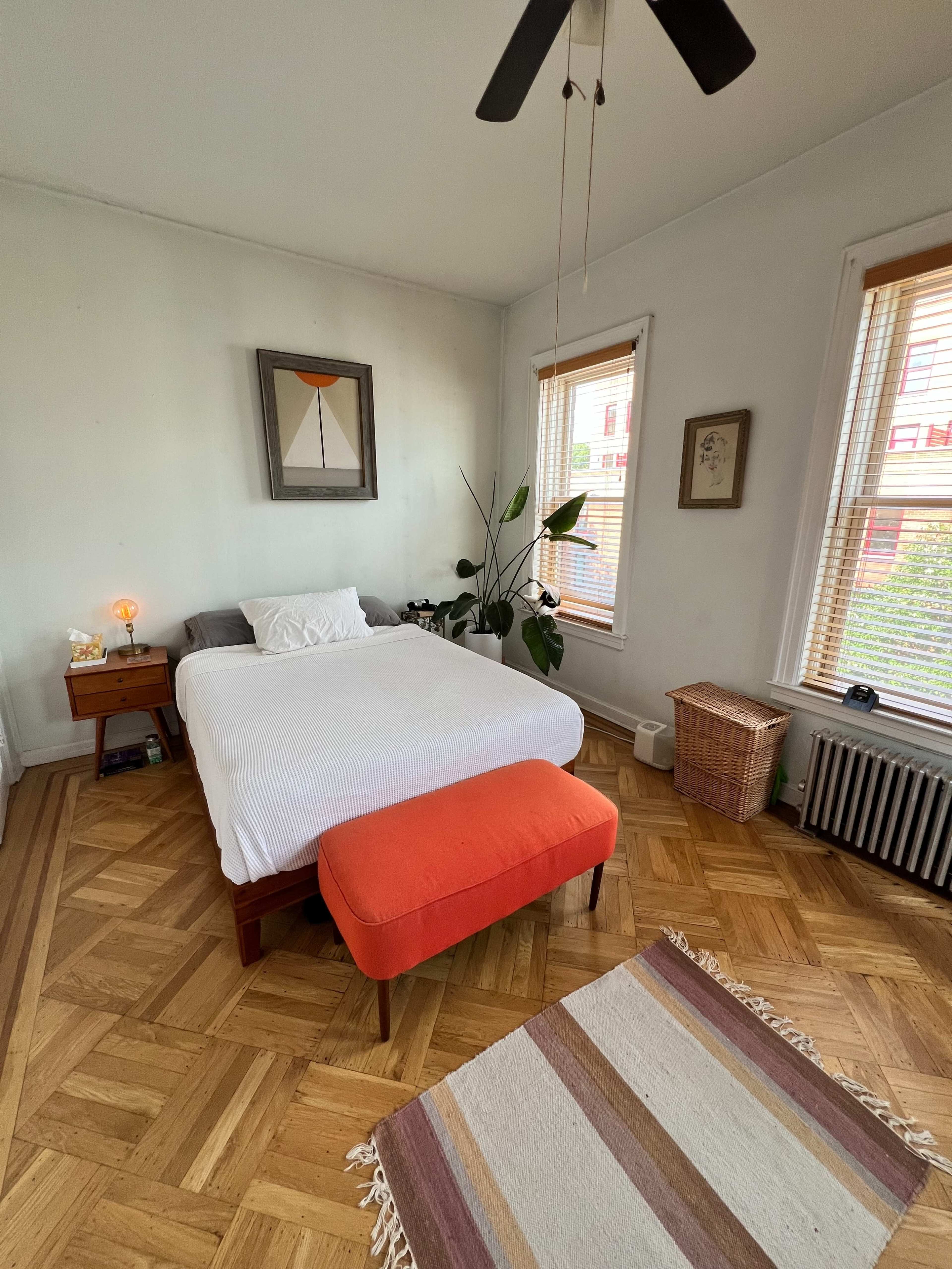 A simple bedroom features a bed with a white bedspread, a large potted plant, a wooden nightstand with a lamp, and a woven rug on a parquet floor.
