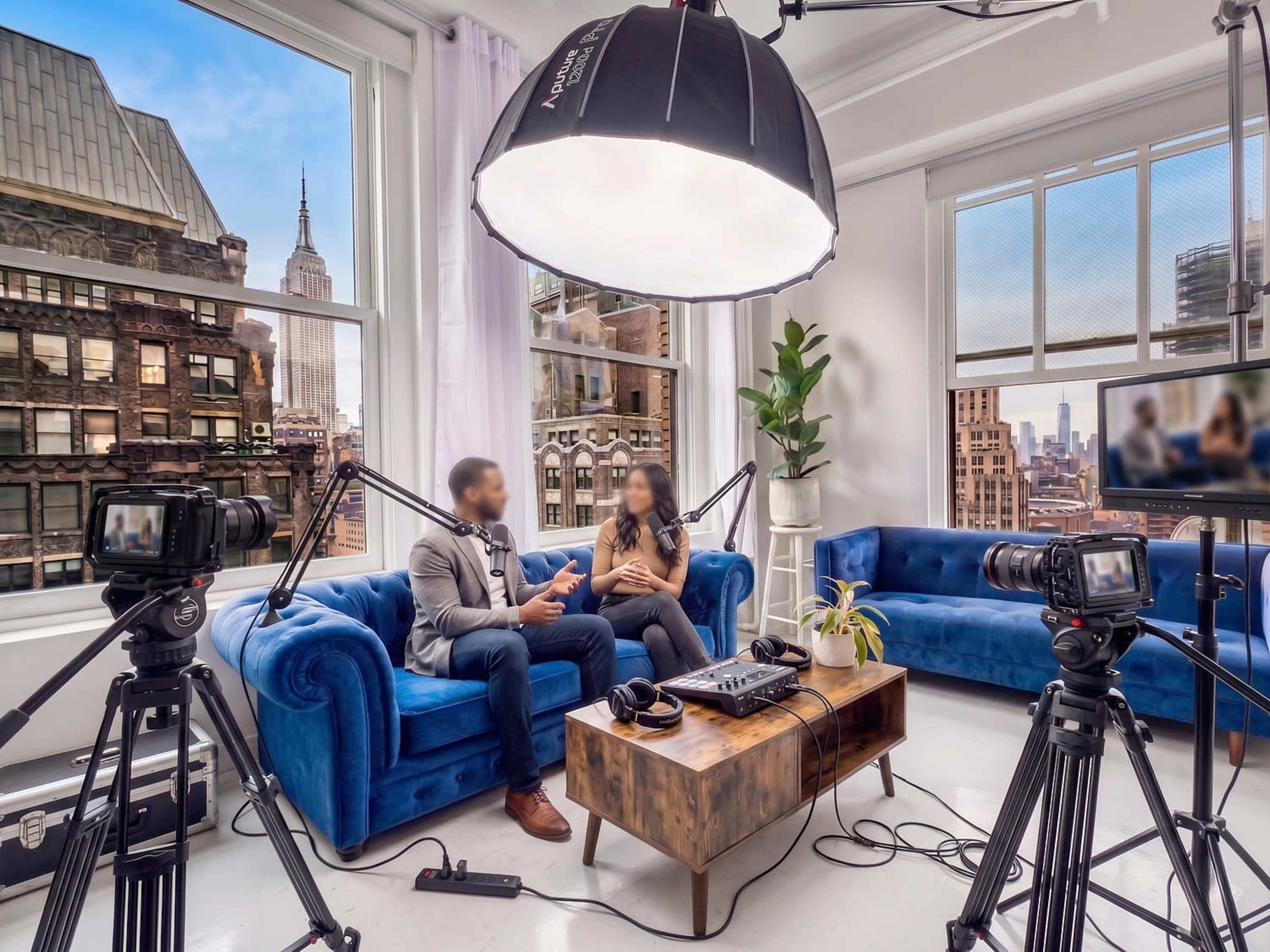 A modern studio with blue sofas and large windows overlooks a city skyline, featuring two people engaged in conversation with cameras and equipment set up around them.
