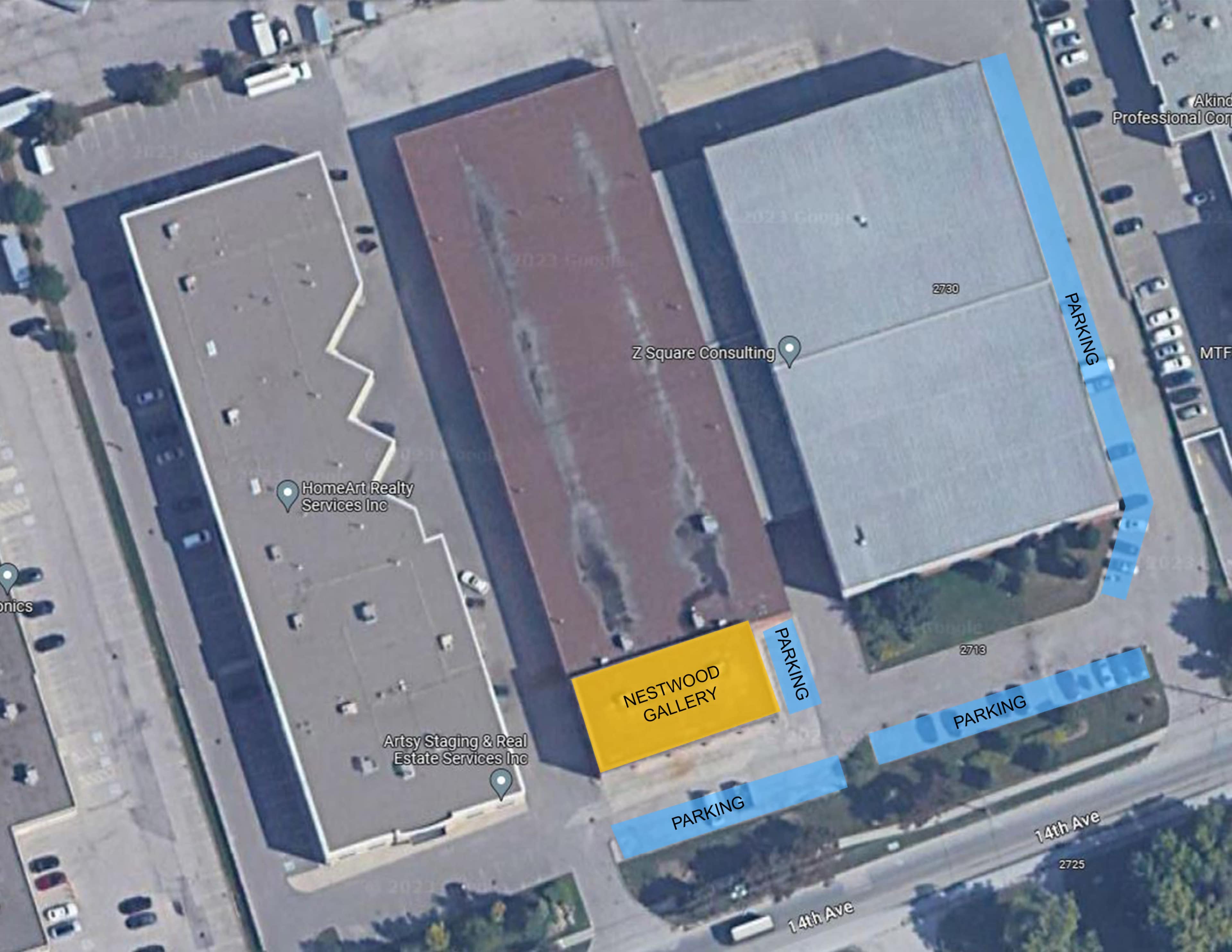 An aerial view of a commercial area featuring two large buildings and designated parking spaces, with the Nestwood Gallery highlighted in a yellow block.