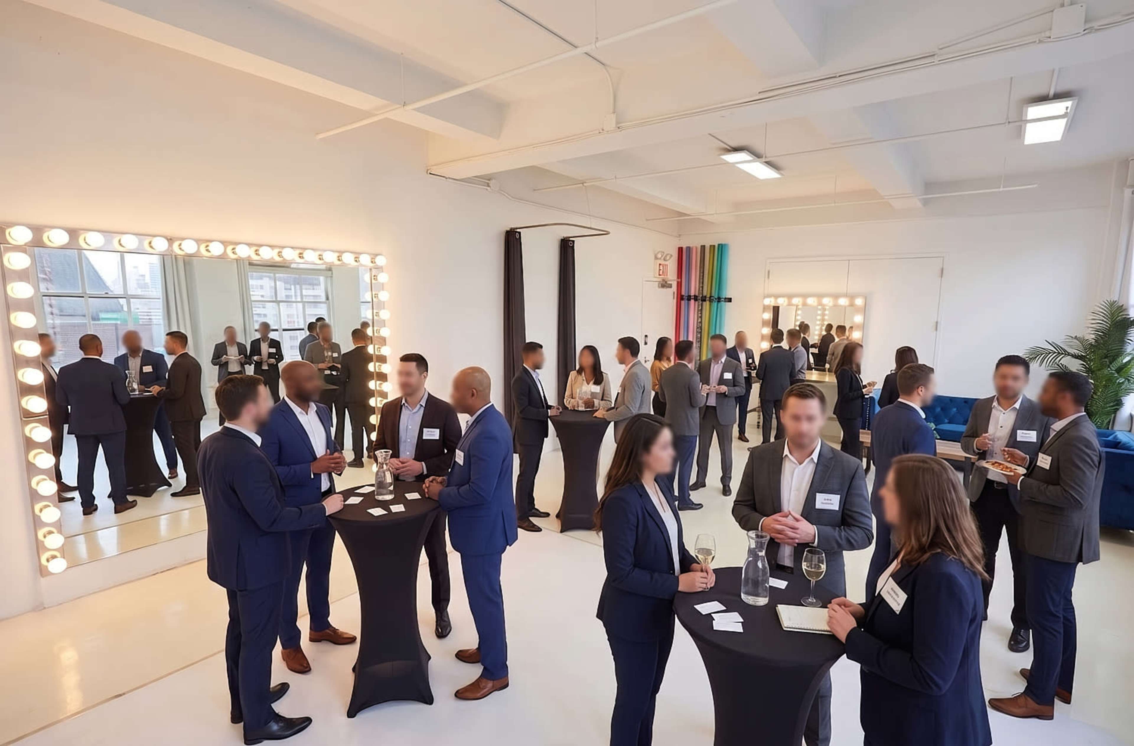 A group of professionals dressed in suits engages in conversation and networking at a modern event space with large mirrors and soft lighting.