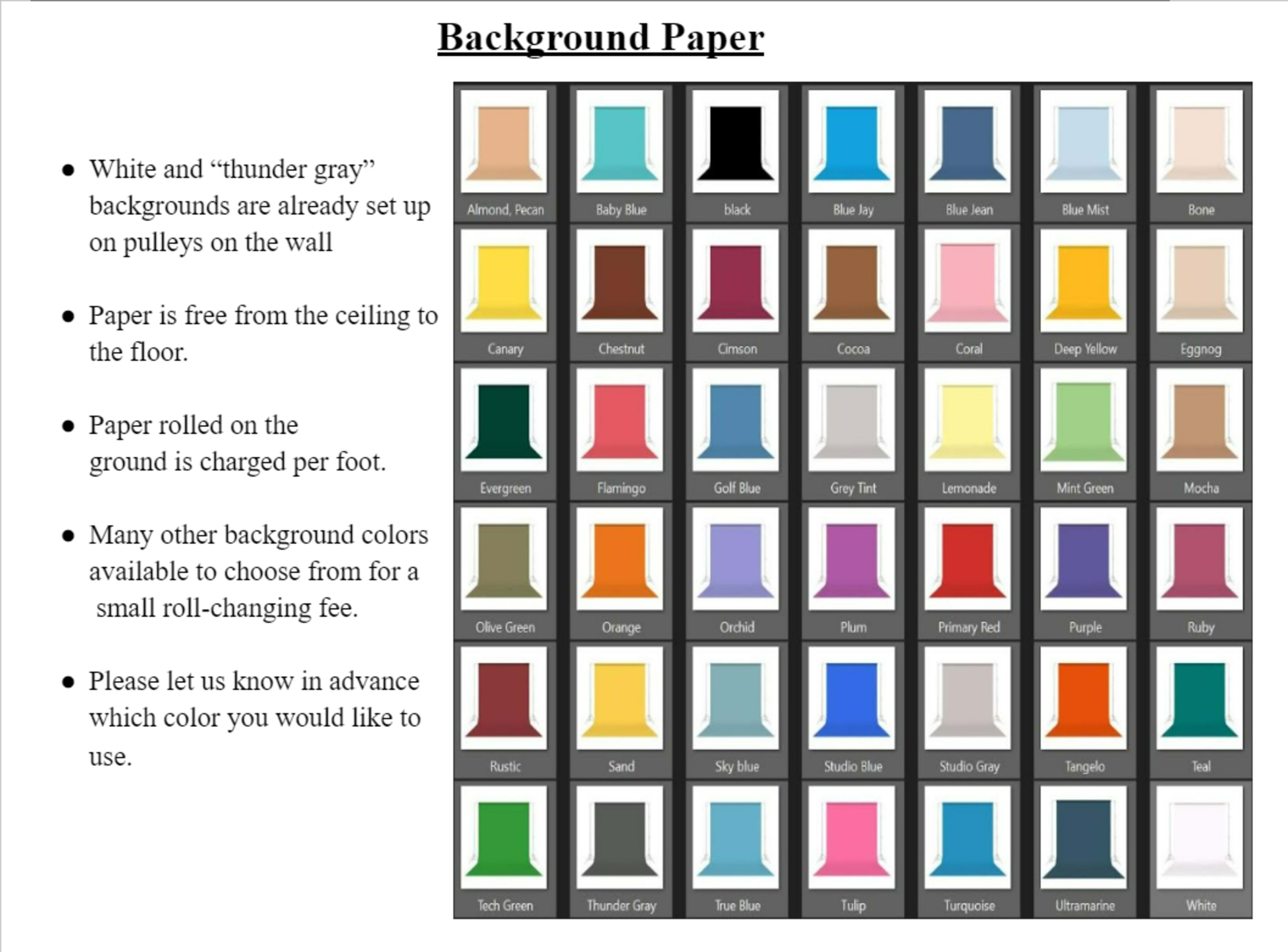 The image displays a selection of various background paper colors arranged in grid format, with descriptions beneath each color swatch.