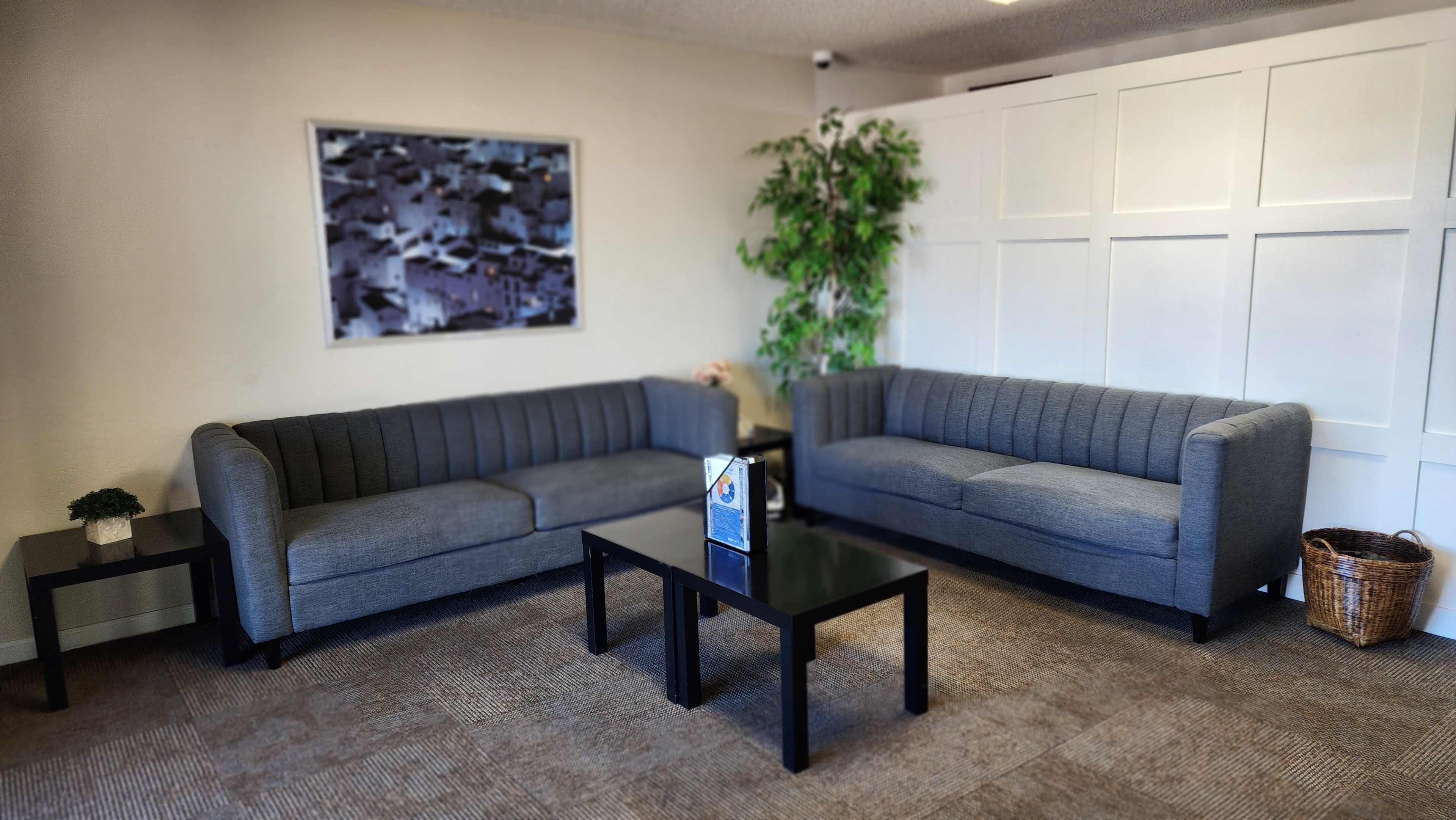 The image shows a modern waiting area featuring two gray sofas, a black coffee table, and a decorative plant against a neutral-colored wall.