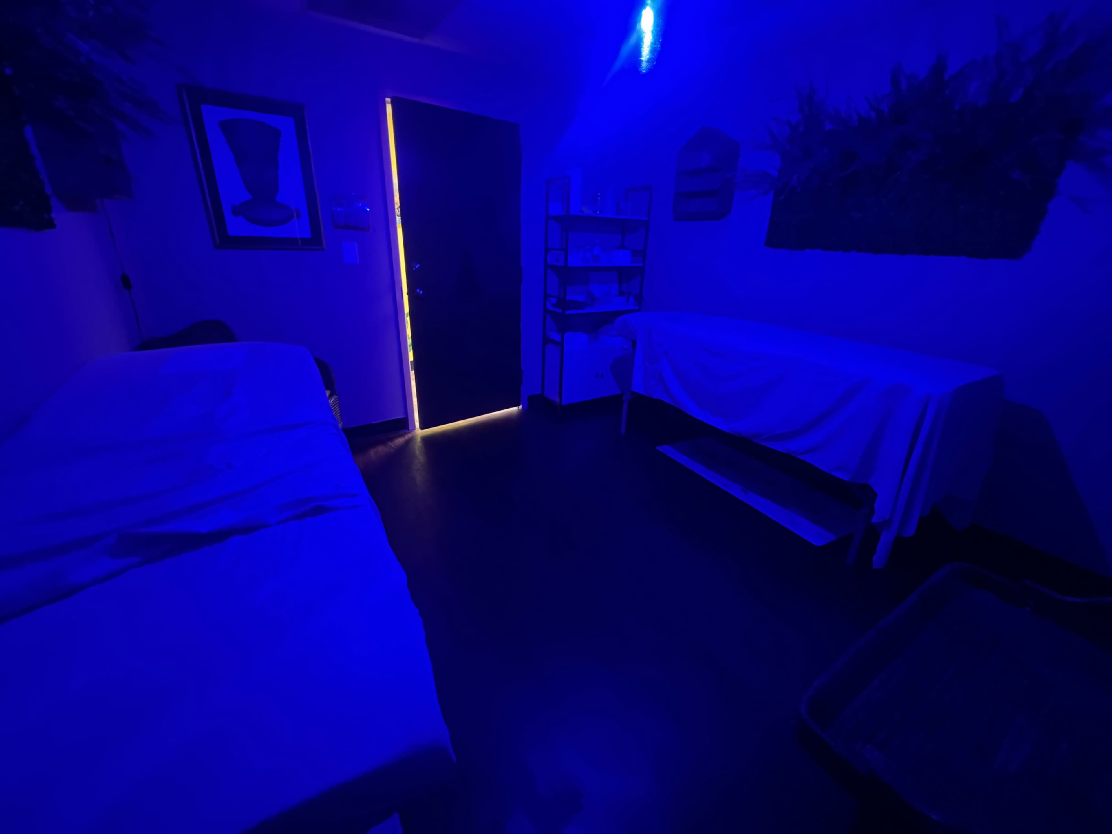 The image shows a dimly lit room with two covered tables and a door slightly ajar, illuminated by blue light.